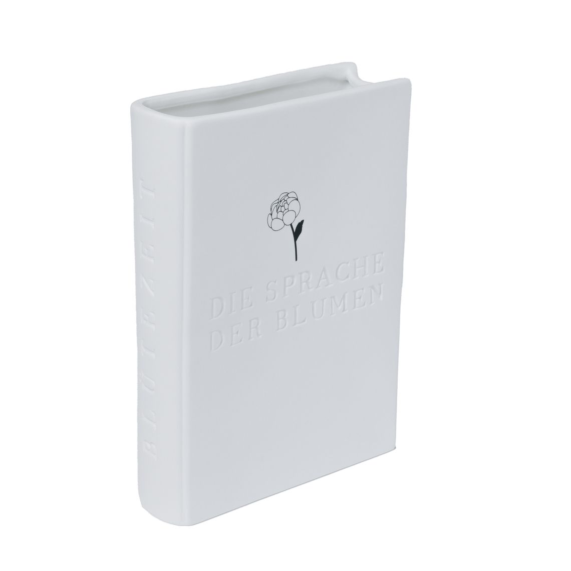 Weiße Räder Blütenzeit Vase in Buchform mit Aufschrift "Die Sprache der Blumen".