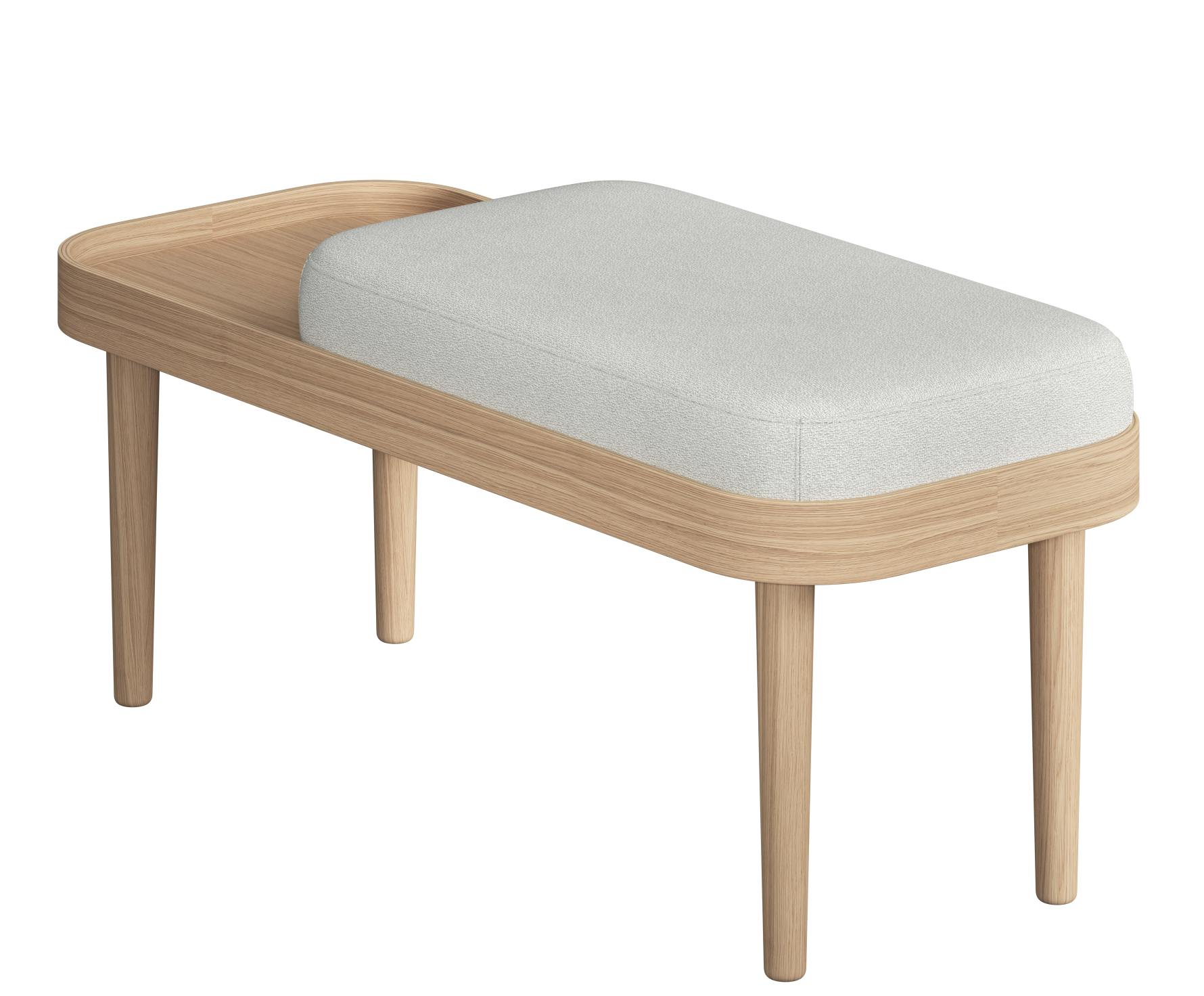 Serena Bank Eiche natur von Novoform: Moderne Sitzbank mit grauem Polster und Ablagefläche.