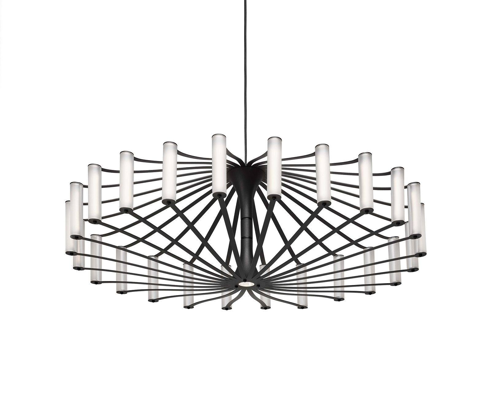 Wheel Pendant Lampe Japth: Moderne Pendelleuchte mit schwarzem Metallrahmen und zylindrischen Leuchten.