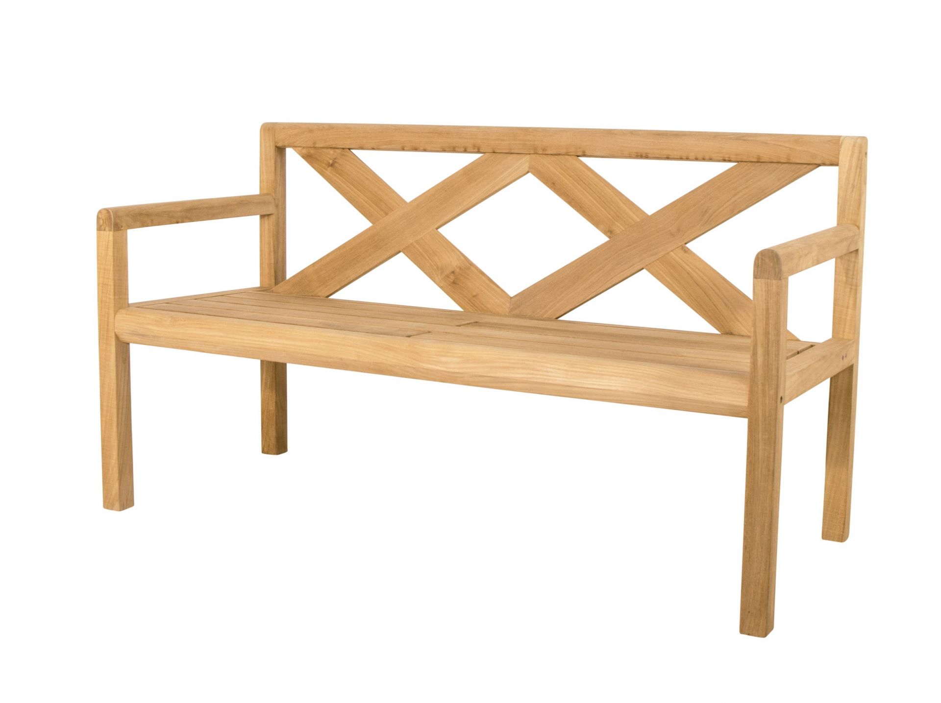 Grace Bank von Cane-Line: Gartenbank aus Teakholz mit Armlehnen und Kreuzmuster im Rückenteil.