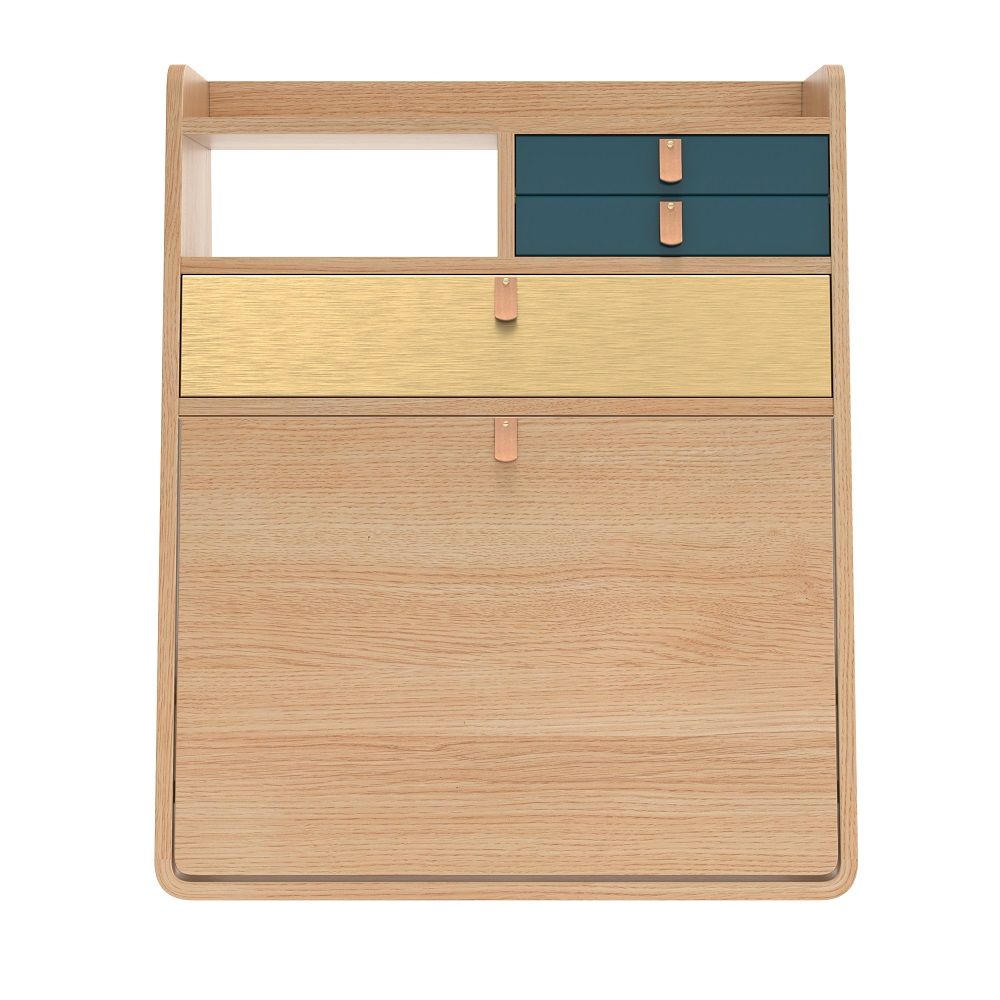 Gaston Wandsekretär von Hartô, geschlossen. Holzfarbenes Möbel mit blauen und goldenen Schubladen. Kompakter Schreibtisch für kleine Räume.