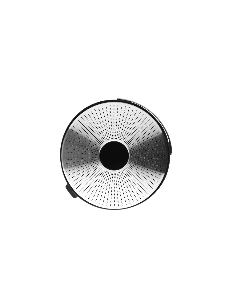 Draufsicht des Vipp Wäschekorb-Deckels aus perforiertem Edelstahl mit rundem Griff in der Mitte.