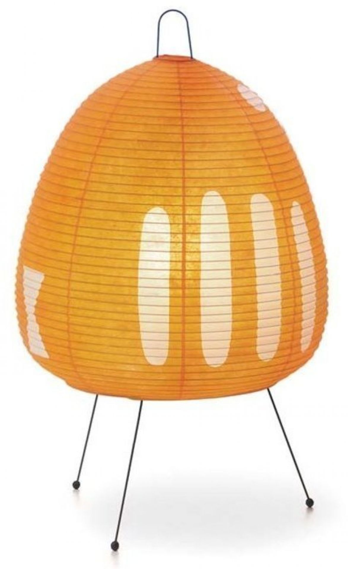 Akari Tischleuchte: Orangefarbene Papierlampe mit weißen Mustern auf filigranem, schwarzem Metallgestell.