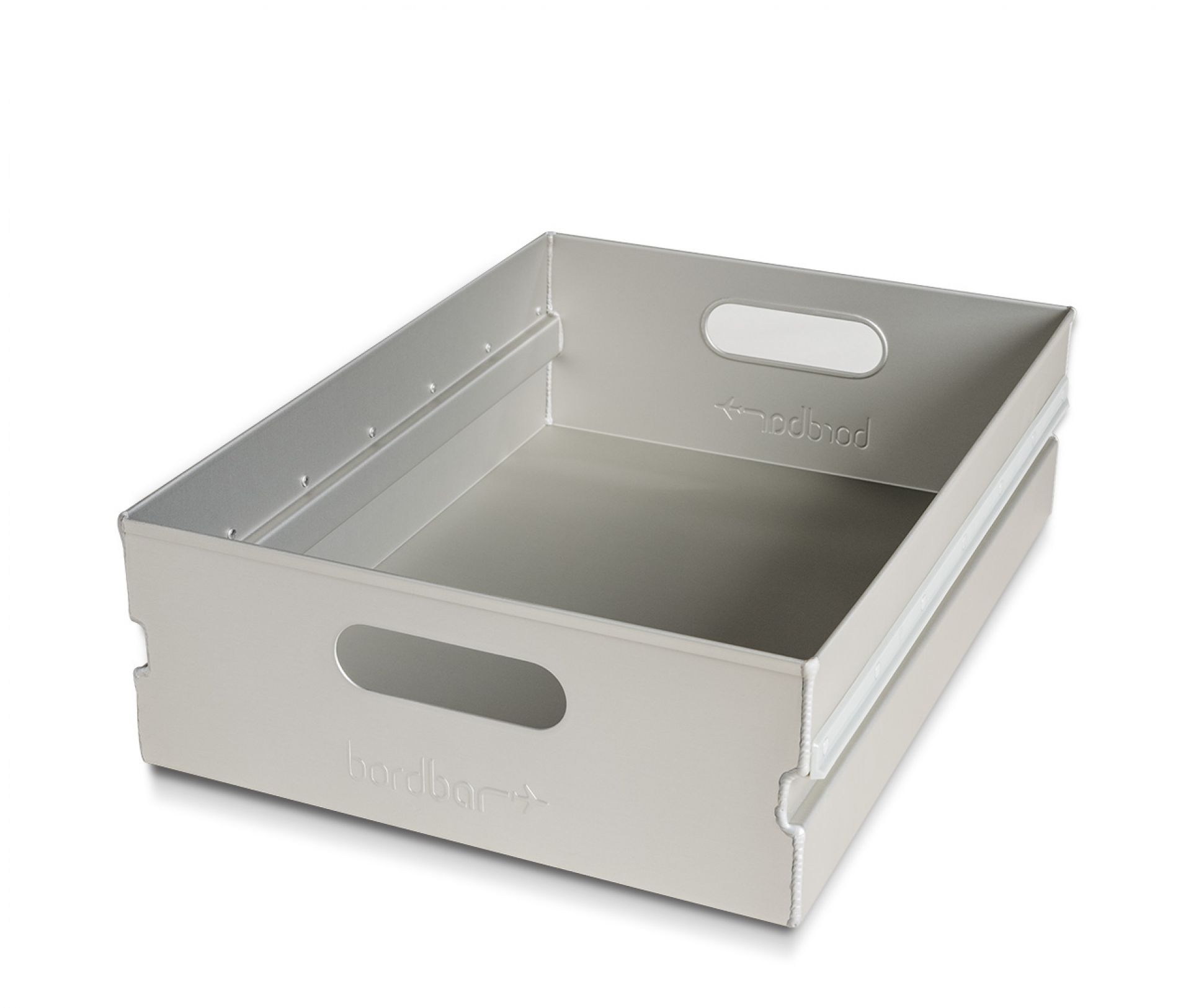 Silberne Bordbar Schublade als Zubehör für Wellness Equipment Set, leere Aufbewahrungskiste mit Griffen.