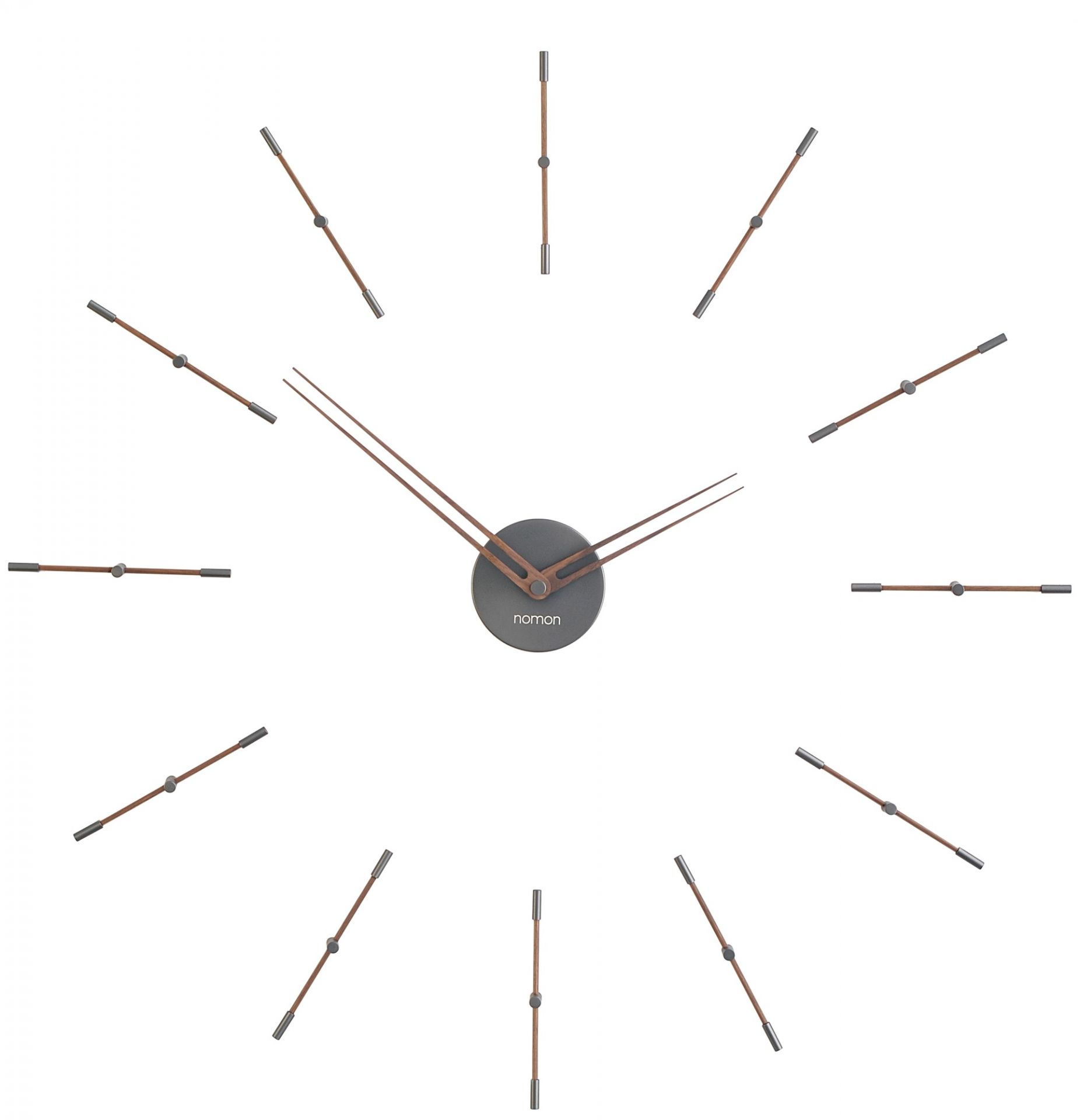 Nomon Wanduhr Mini Merlin Graphite, moderne Designeruhr mit Holz- und Graphitelementen auf weißem Hintergrund.