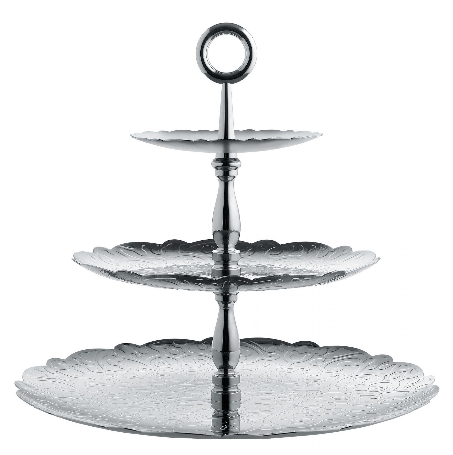 Alessi Etagere "Dressed for X-mas" mit drei silbernen Etagen und filigranem Muster.