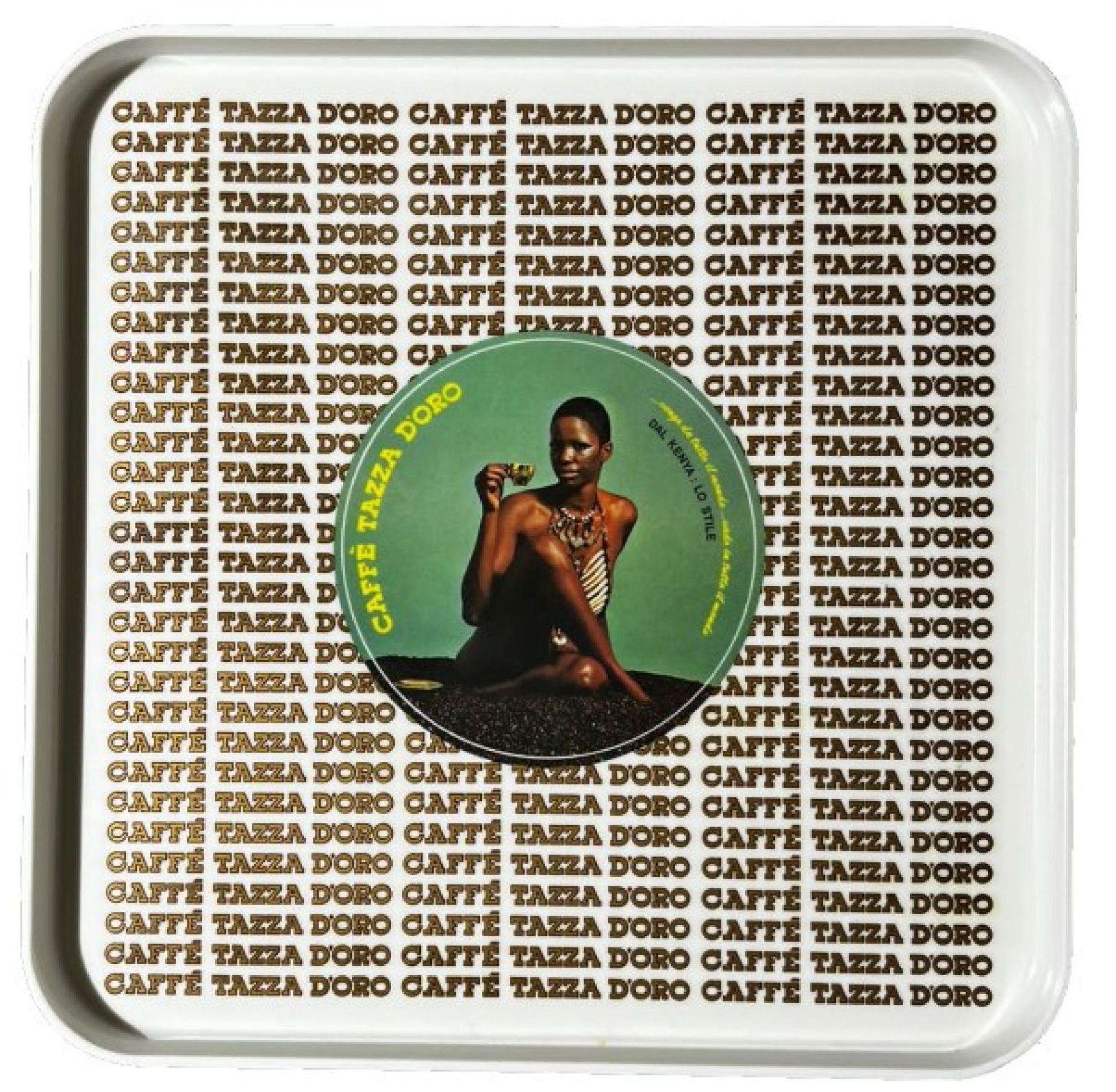 Quadratisches Caffè Tazza d'Oro Tablett in Grün mit Kaffeebohnen-Motiv. Einzigartiges Serviertablett für Kaffeeliebhaber.