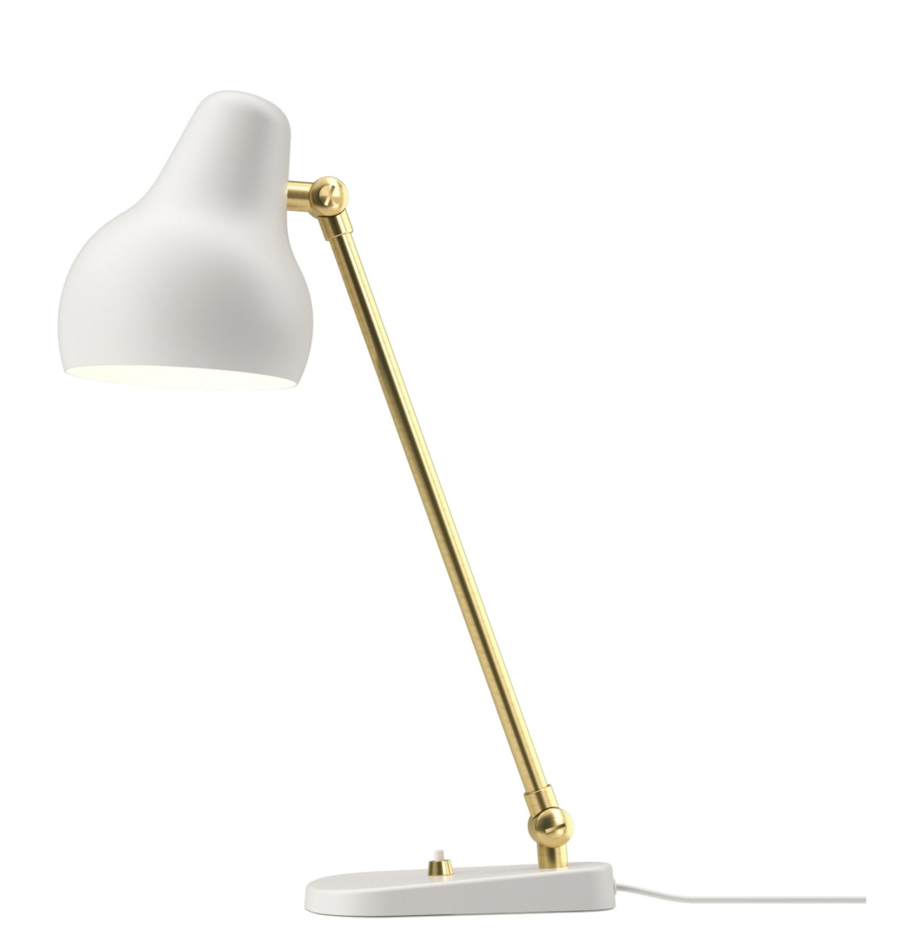 Weiße VL38 Tischleuchte von Louis Poulsen mit goldenem Arm, moderne Schreibtischlampe für Büro und Zuhause.