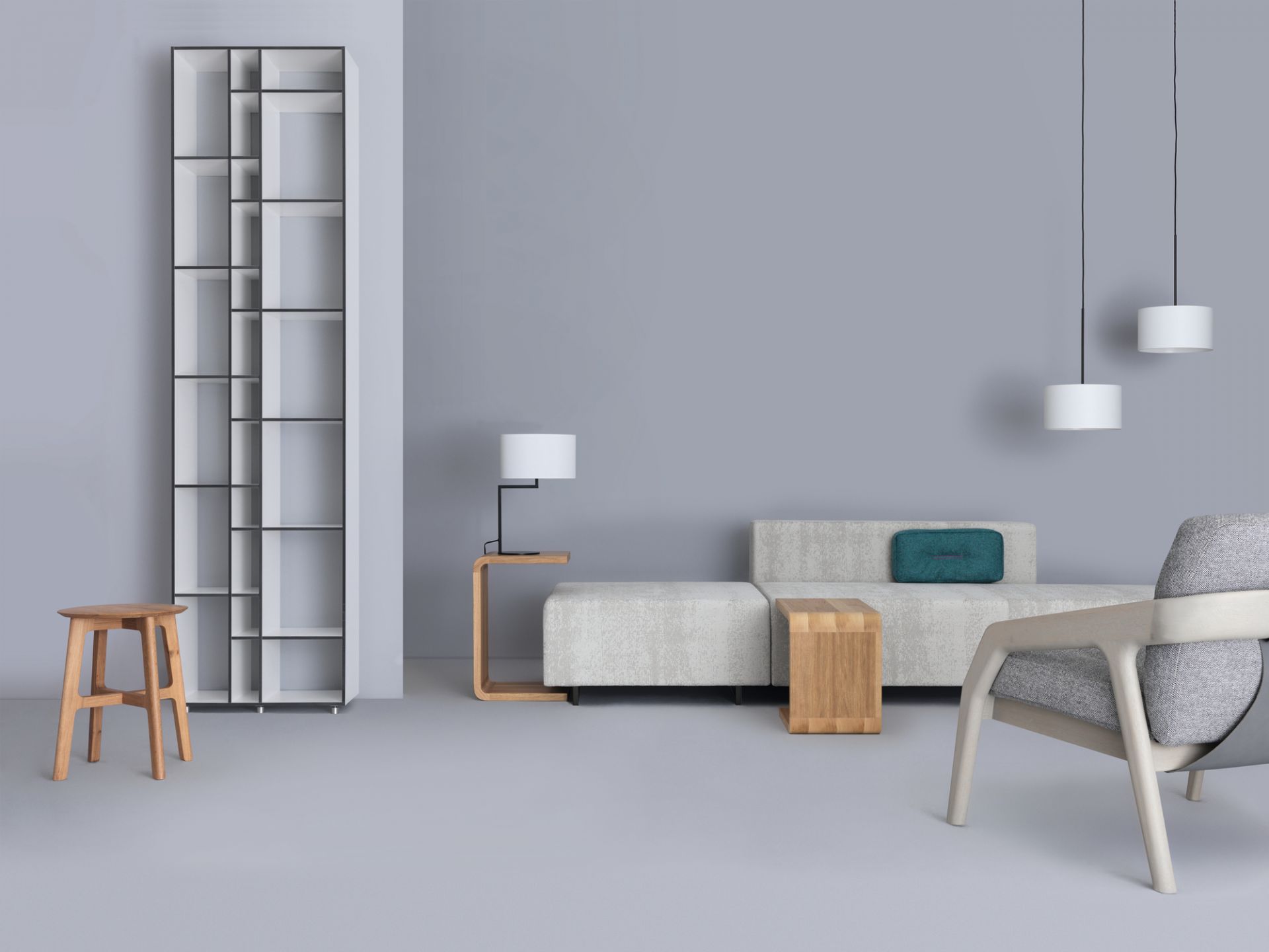 Helles Interieur mit Code Holzregal, modernem Design, MDF-Regal und weiteren Holzmöbeln.