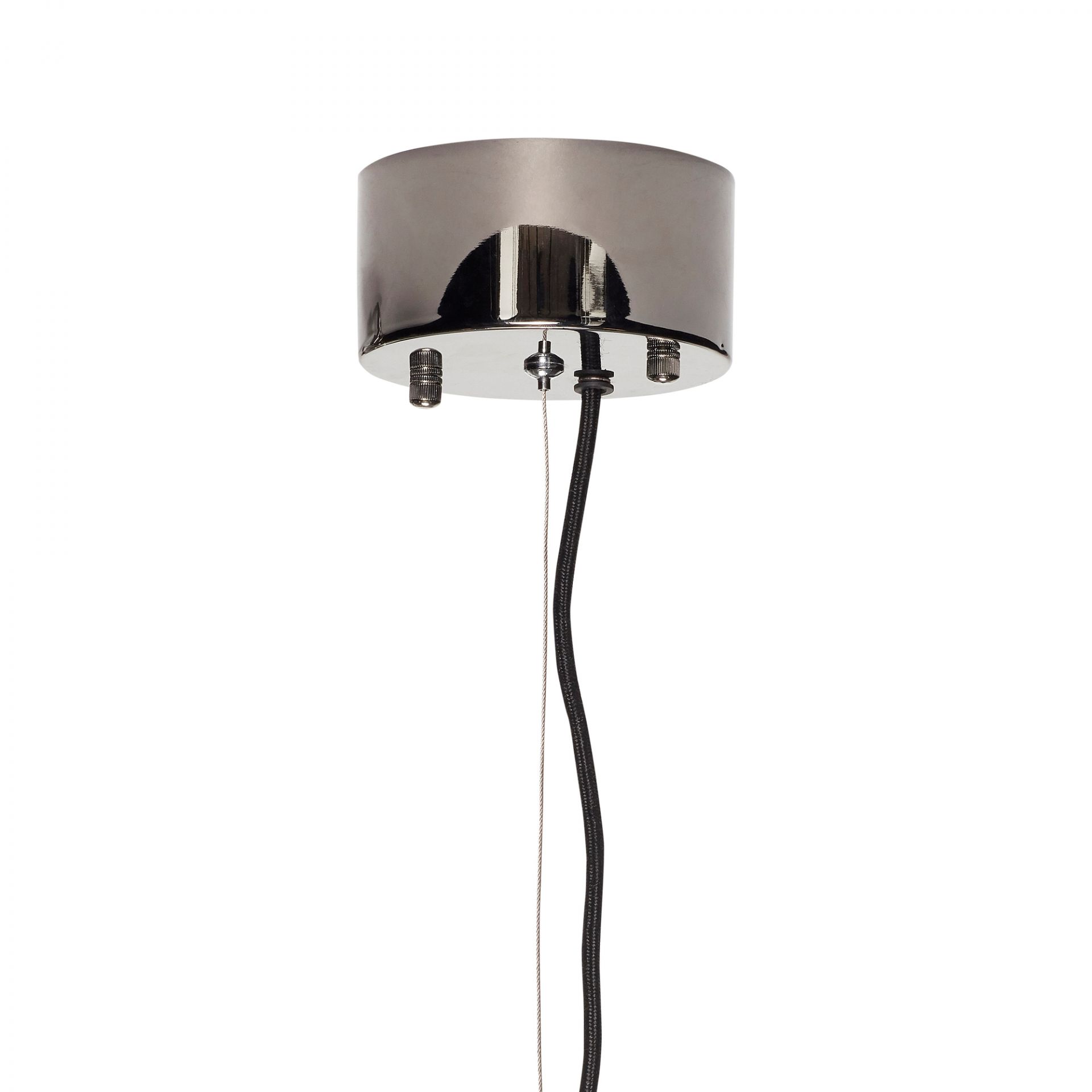 Detailaufnahme der Deckenbefestigung der Lampe m/birne in Rauchgrau. LED-Lampe für stilvolles Interior.