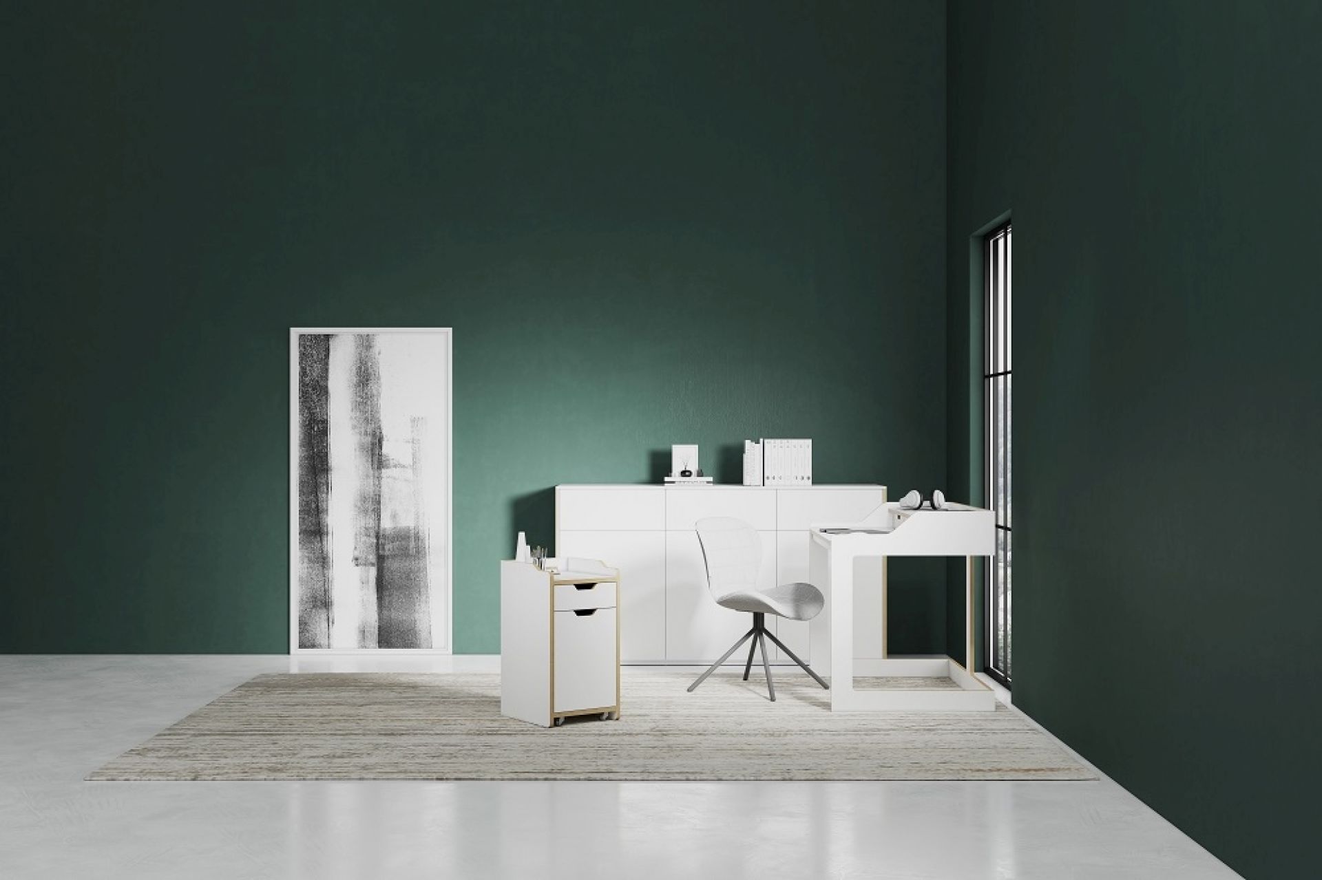 Weißes Modular Plus Sideboard von Müller Möbelwerkstätten mit drei Türen und Schubkästen im Büro.