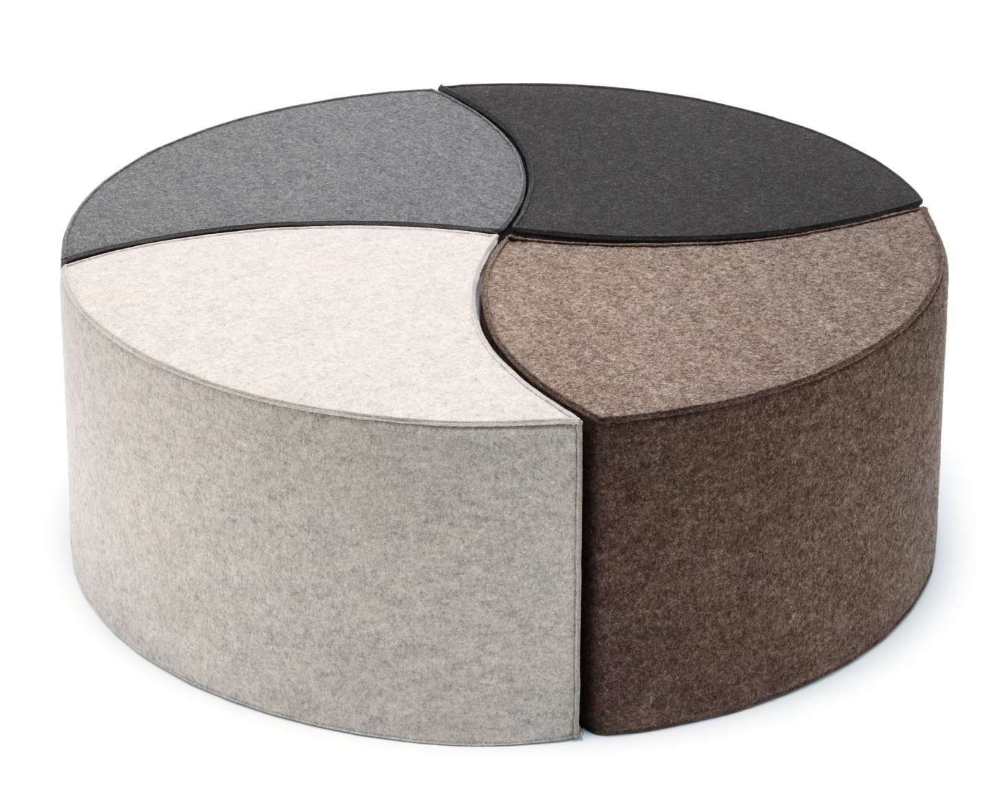 Posito Sitzmöbel von Hey Sign: Runder Filzhocker in Grau-, Braun- und Weißtönen, modulare Sitzgelegenheit.