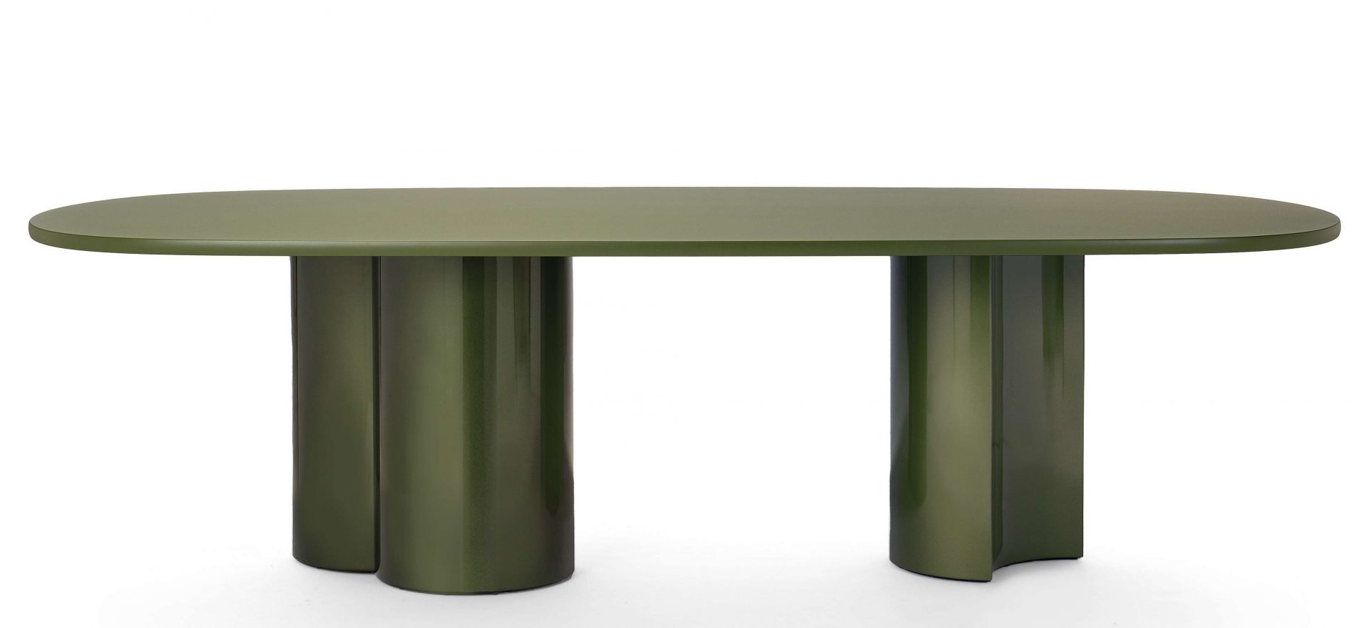 Zanotta Bol Esstisch in Algen Metallic: Ovaler Tisch mit zwei auffälligen, zylindrischen Tischbeinen.