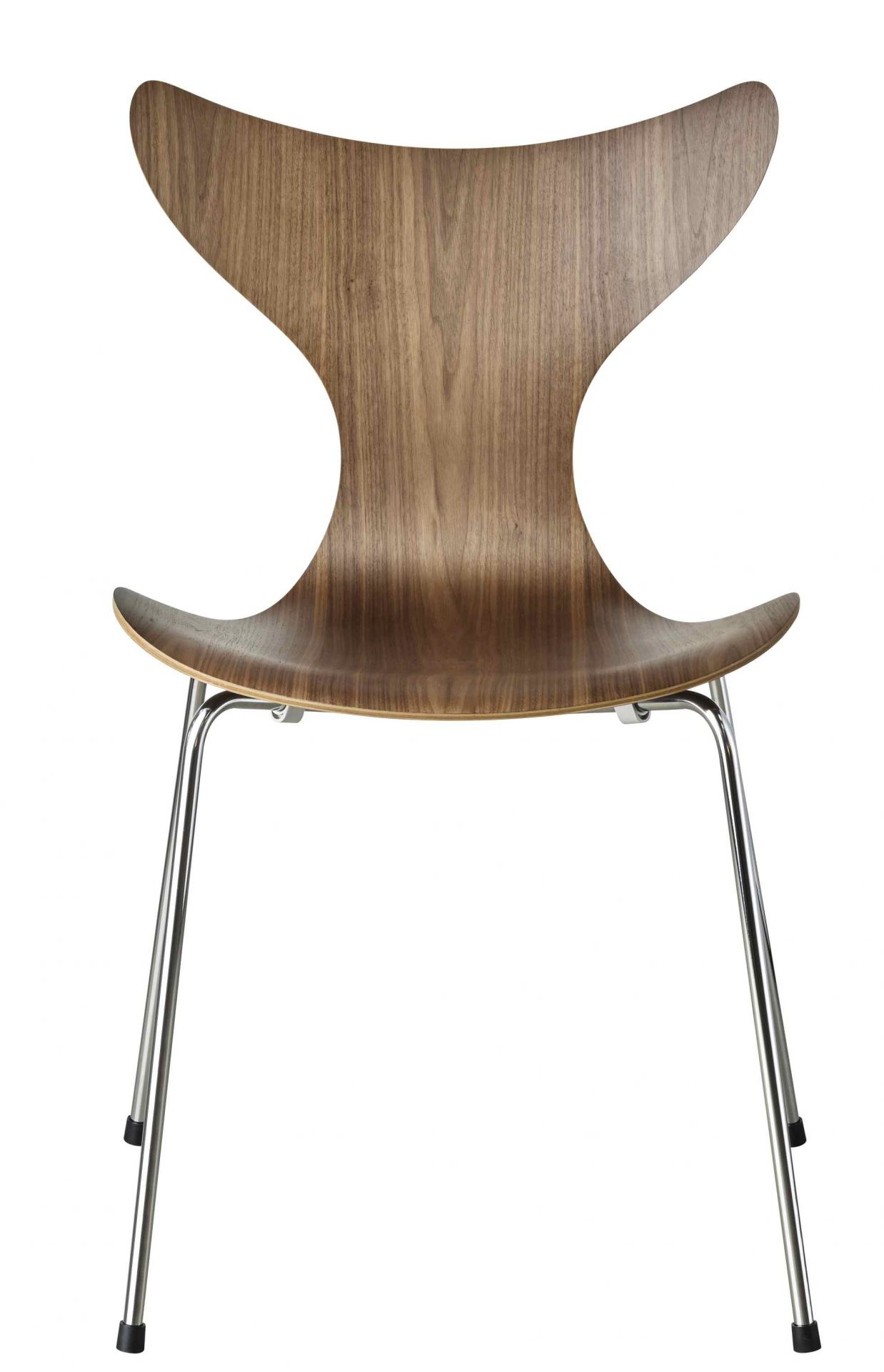 Lily Stuhl von Fritz Hansen: Holzstuhl mit Chromgestell, Designklassiker für Esszimmer und Büro.