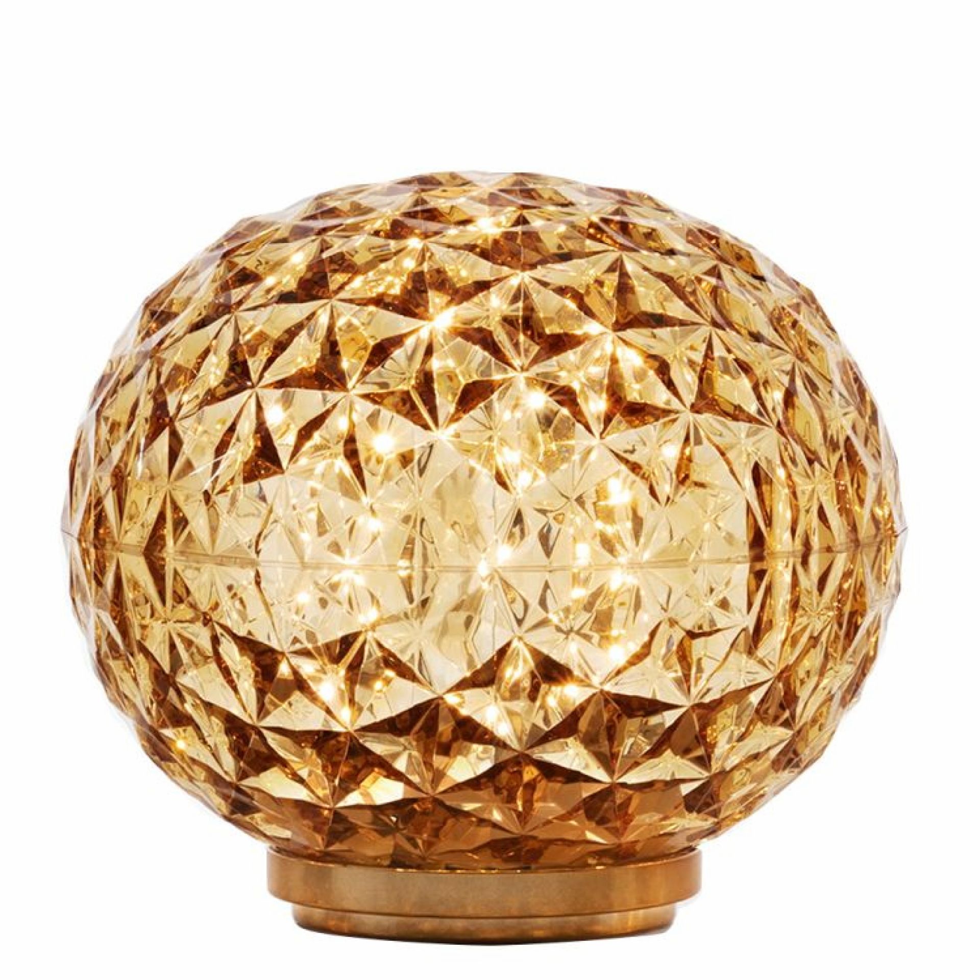 Gelbe Mini Planet LED Tischleuchte von Kartell, moderne Akku-Lampe mit Facettenmuster.