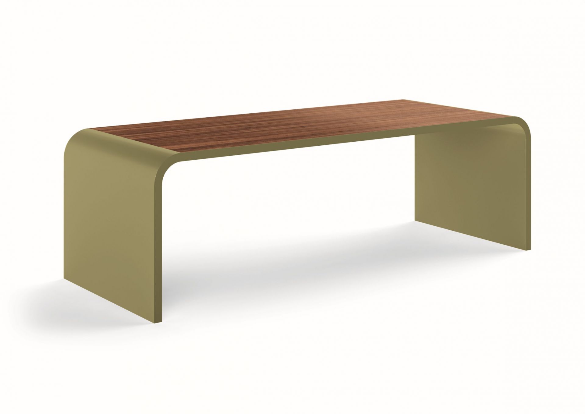 Müller Möbelfabrikation M10-2 Tisch: Moderner Schreibtisch mit Holzplatte und olivefarbenem Metallgestell für Büro und Zuhause.