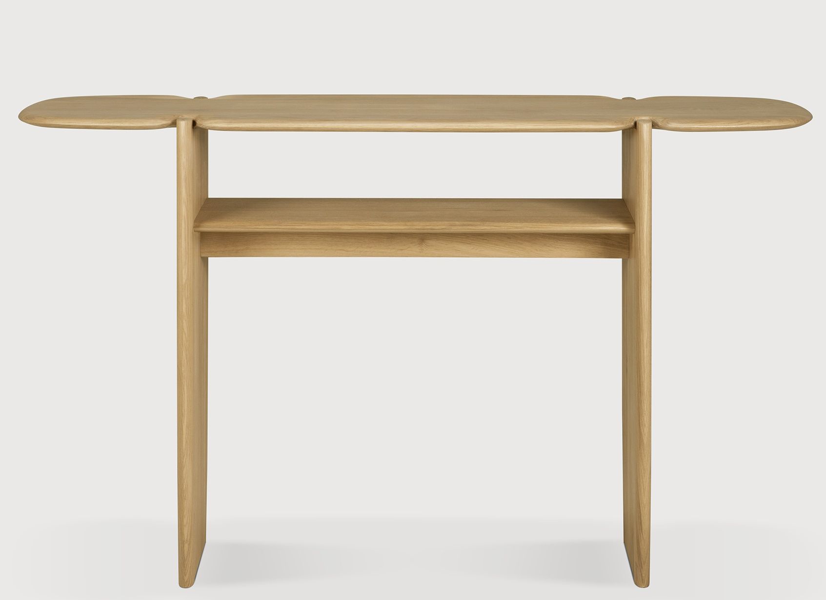 Ethnicraft PI Konsole aus Eiche mit zwei Ablageflächen, modernes Design für Flur oder Wohnzimmer.