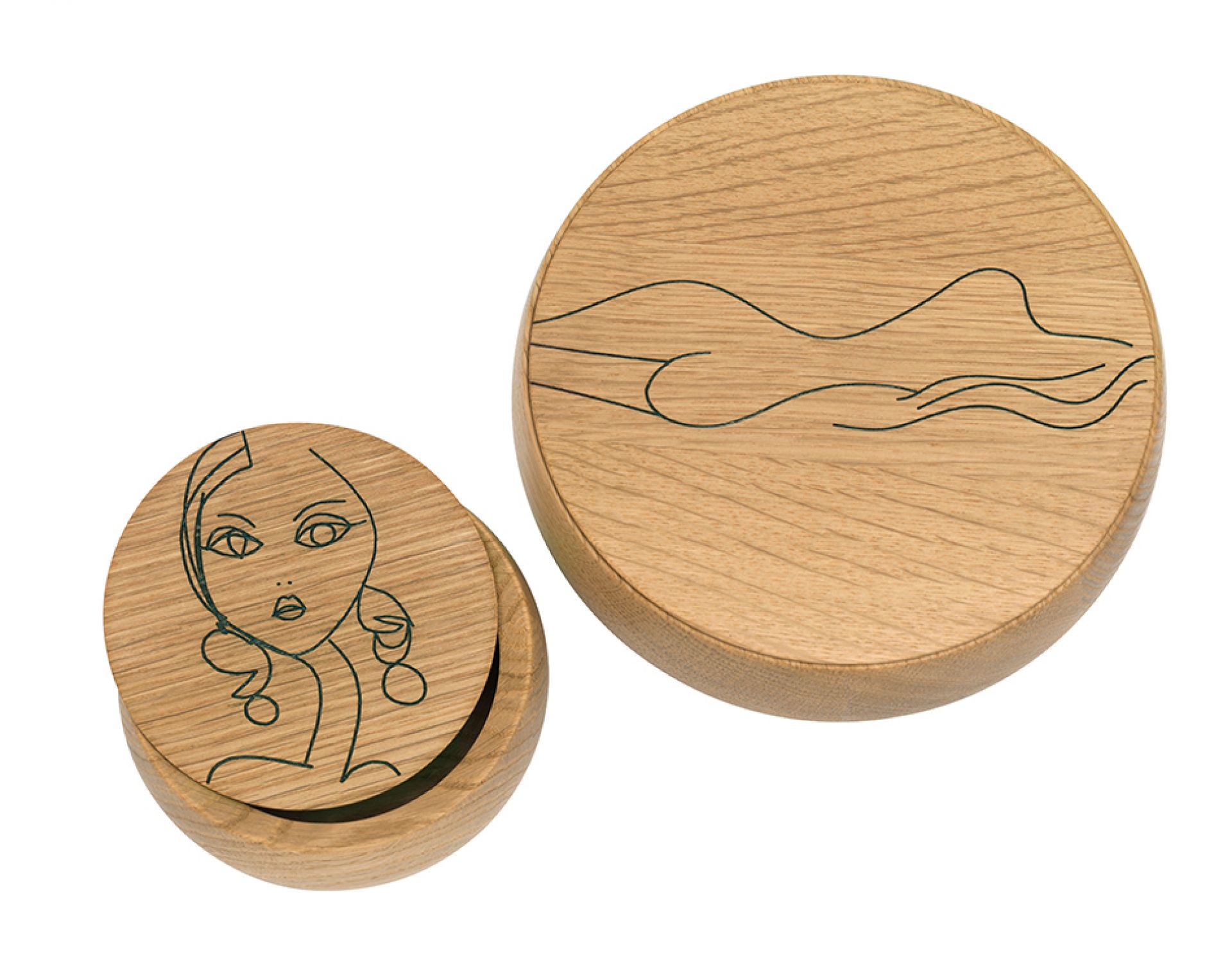 Schönbuch Irma Art Edition Bowl: Zwei runde Aufbewahrungsdosen aus Holz mit grafischen Motiven.