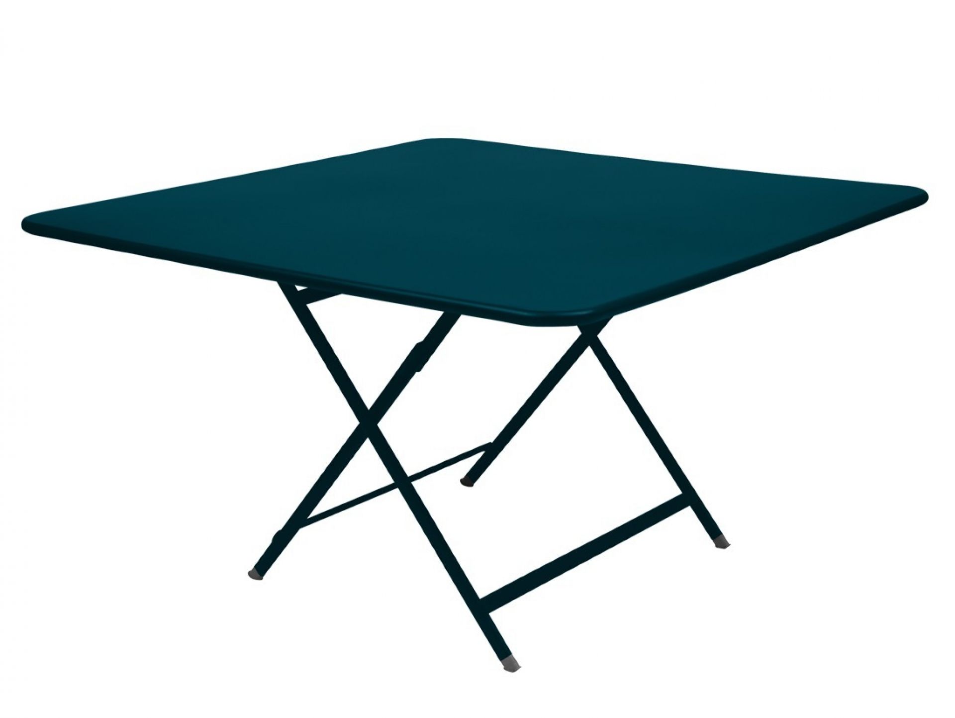 Blauer Caractere Klapptisch von Fermob für den Outdoor-Bereich, eckiger Gartentisch mit Stahlgestell.
