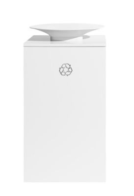 Weißer Exhibit Bin Mülleimer für Mülltrennung mit Recycling-Symbol, ideal für Büro und Gewerbe.