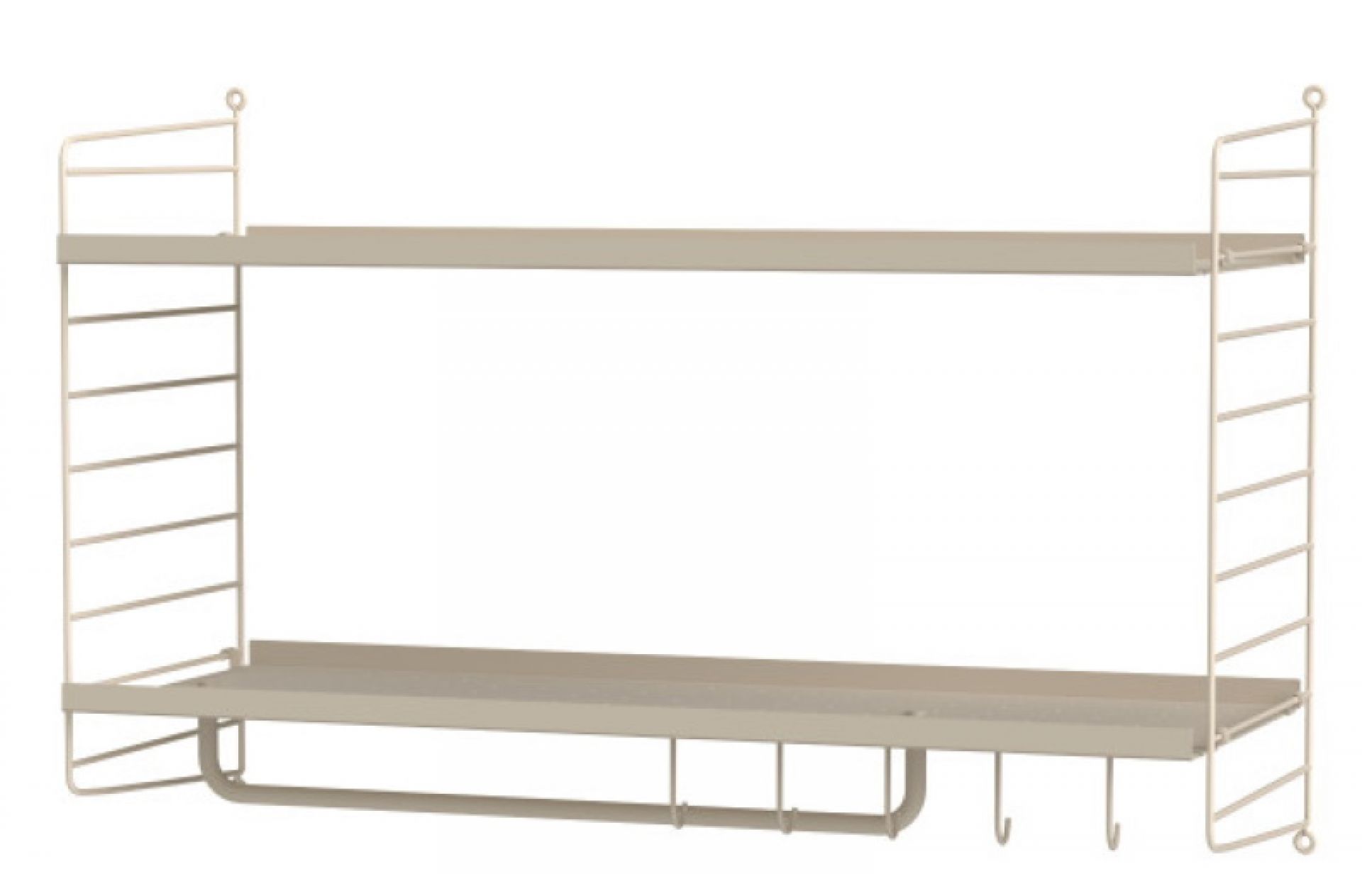 Beiges String Regal mit zwei Regalböden und Hakenleiste für Flur oder Wand.
