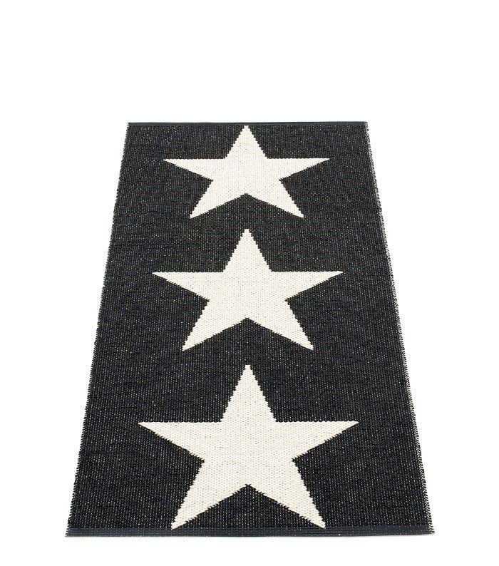 Schwarzer Viggo One Kunststoffteppich 70x150 cm von Pappelina mit drei weißen Sternen im Detail.
