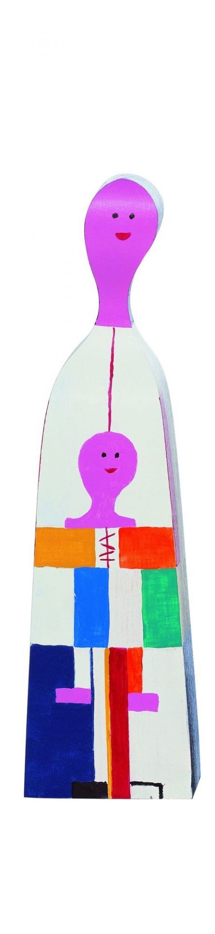 Holzfigur Vitra No 4: Abstrakte, bemalte Holzpuppe mit lila Köpfen und bunten geometrischen Formen.