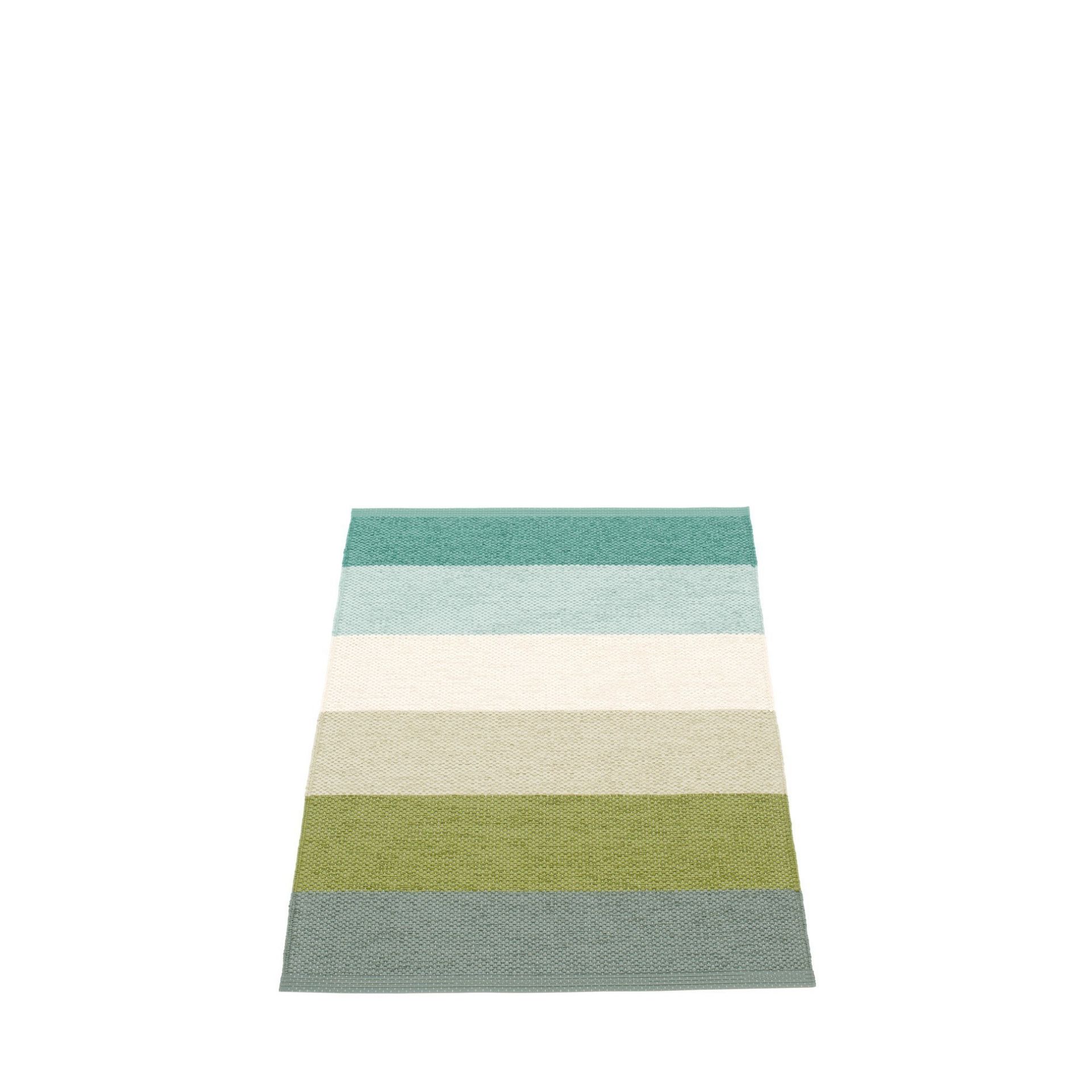 Molly Kunststoffteppich von Pappelina, 70x100 cm, mit breiten Streifen in Grün- und Blautönen.