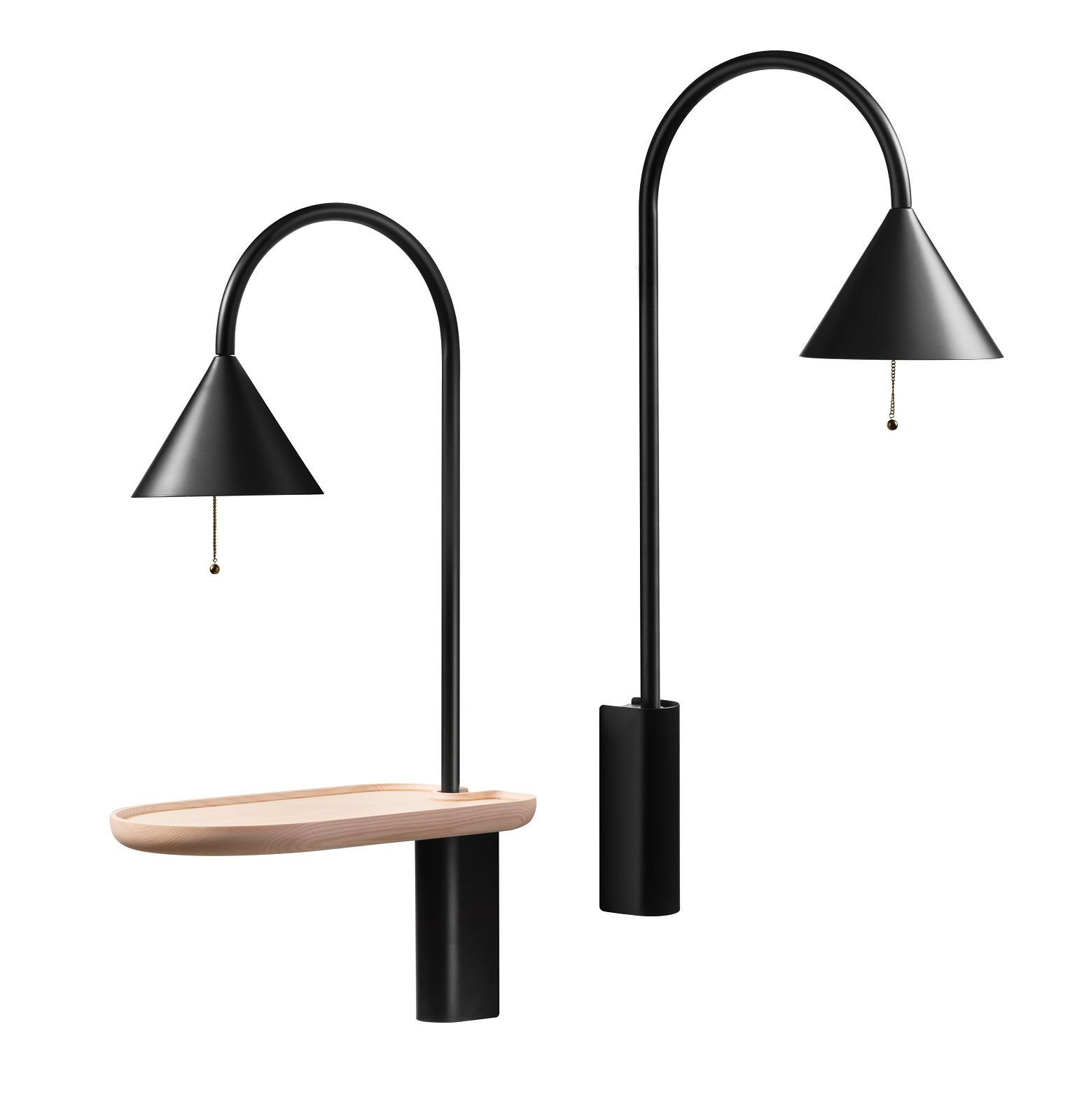 Zwei Ozz Wall S Wandleuchten von Miniforms: Schwarz, minimalistisch, eine mit Ablage. Modernes Design.