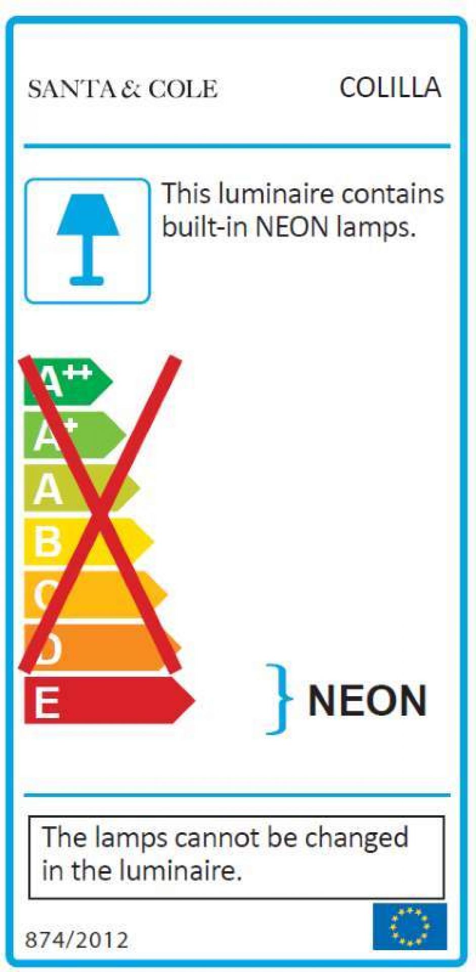 Energielabel der La Colilla Pendelleuchte von Santa & Cole mit fest verbauten Neonlampen.