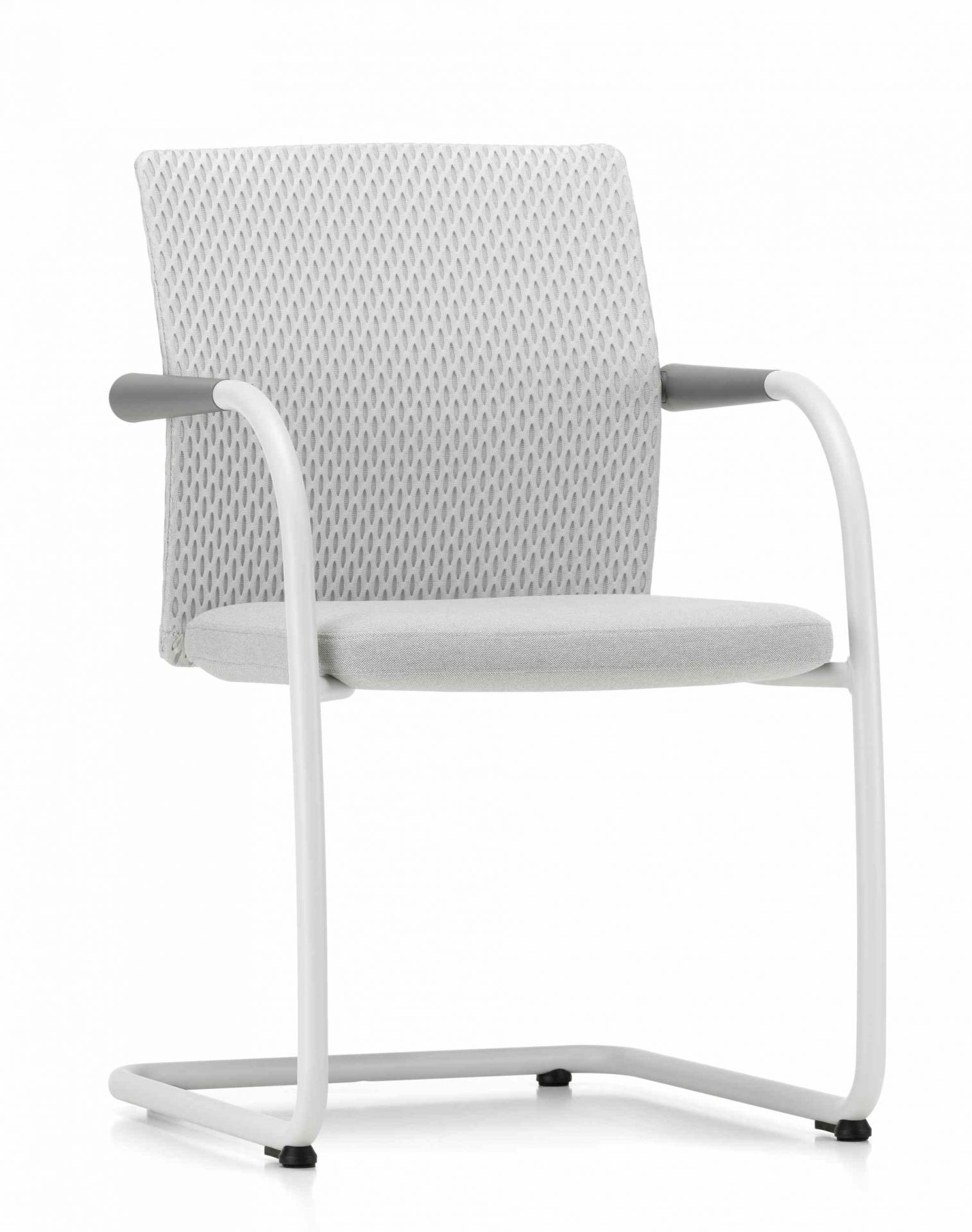Vitra ID Mesh Freischwinger Bürostuhl in Weiß mit grauem Netzgewebe und Armlehnen.