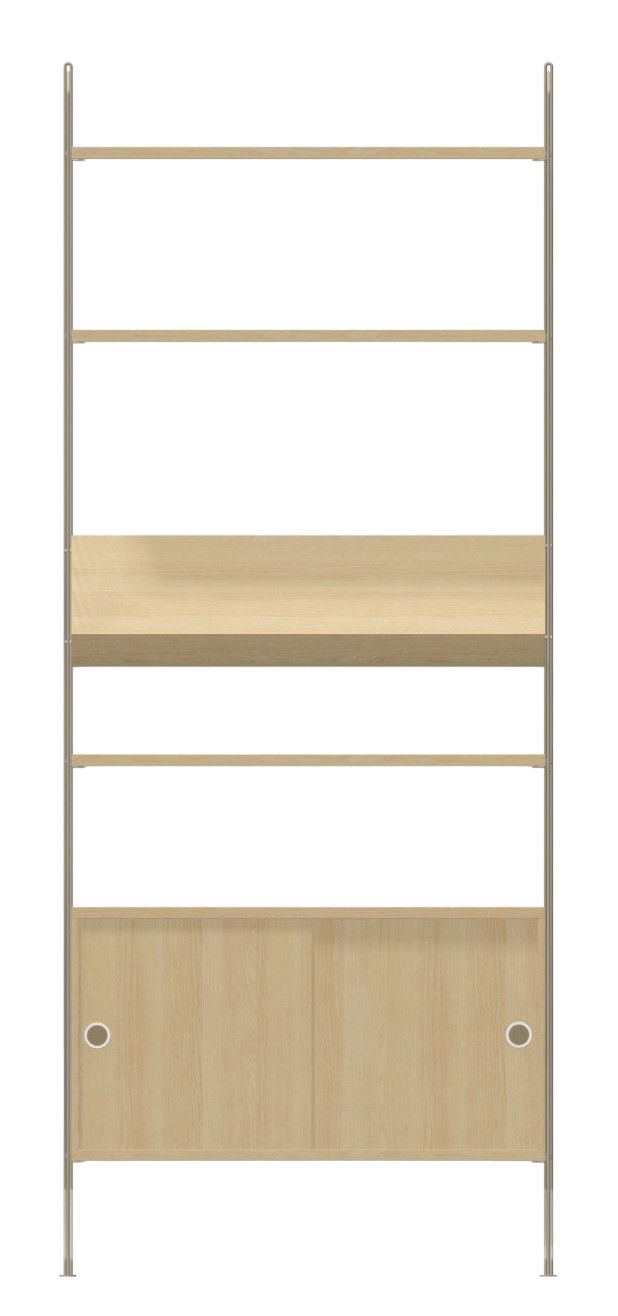 Wohnzimmer KONFIGURATIONEN L4 String Furniture Regalsystem mit Holzregalen und Schrankelementen in heller Holzoptik.