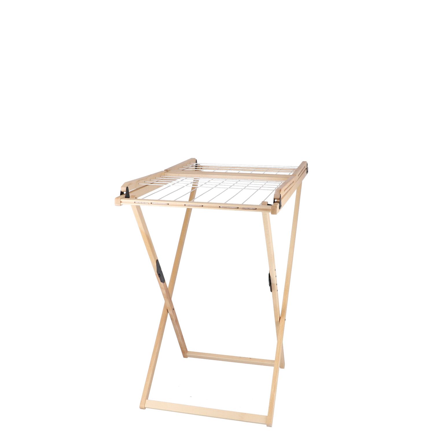 Vivo Wäscheständer von Jan Kurtz aus Holz mit weißen Trockenleinen, freistehend und zusammenklappbar.