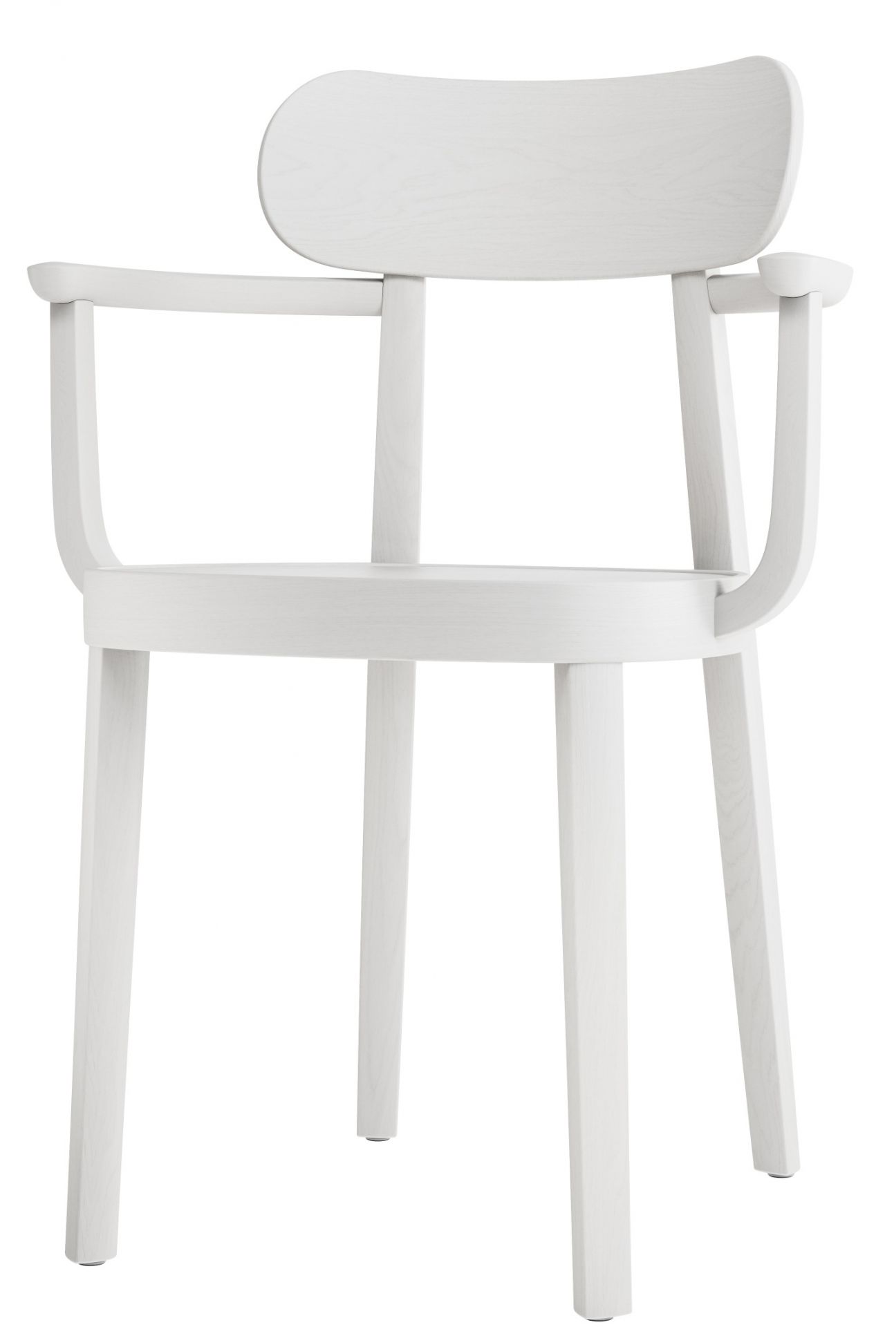 Weißer Holzstuhl mit Armlehnen, Modell 118 MF Thonet, für Esszimmer und Wohnbereich.