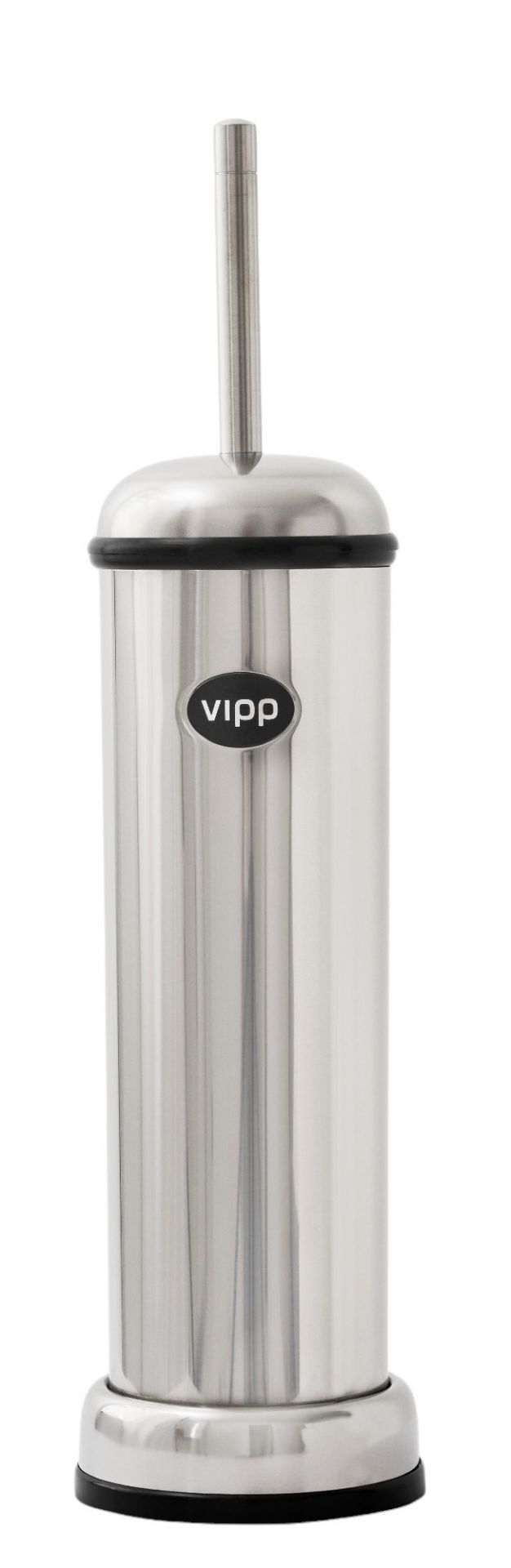 Vipp Toilettenbürste aus Edelstahl, freistehend, mit Behälter und Bürste für moderne Badezimmer.