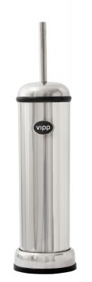 Vipp Toilettenbürste aus Edelstahl, freistehend, mit Behälter und Bürste für moderne Badezimmer.