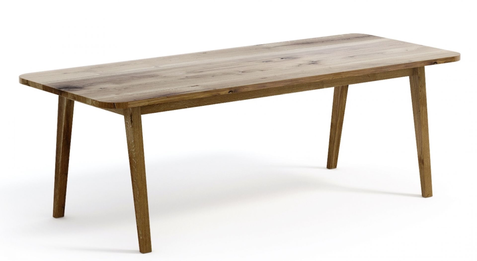 Lav Esstisch aus hellem Holz mit abgerundeten Ecken und vier schrägen Beinen. Holztisch für Esszimmer.