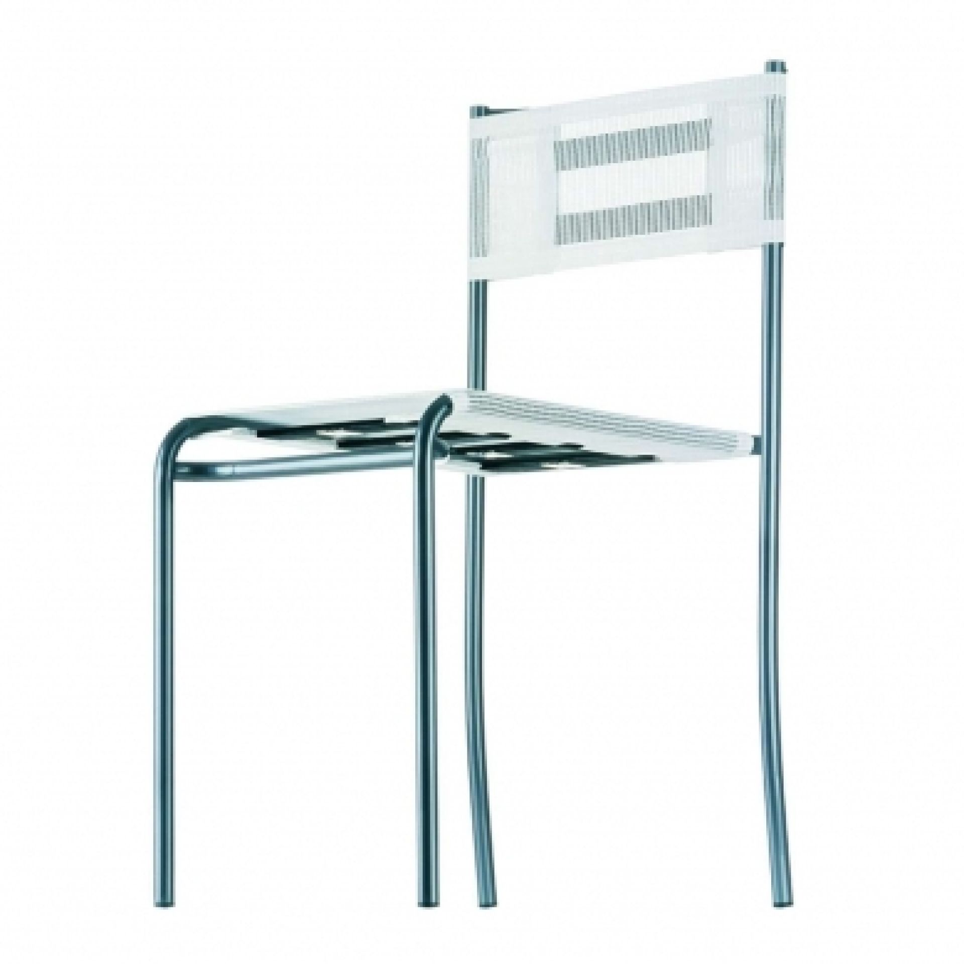 Green Gemini Stuhl: Moderner Outdoor-Stuhl mit Stahlgestell und weißer Sitzfläche für Garten und Terrasse.