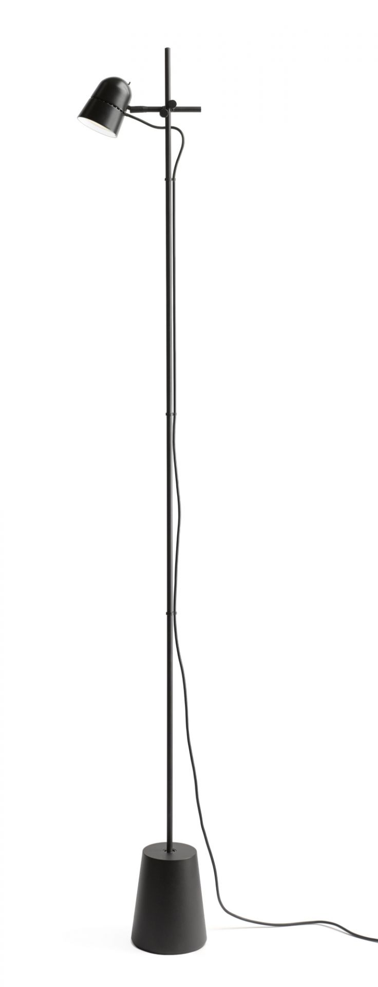 Schwarze D73 Stehleuchte von Luceplan mit Gegengewicht und konischem Sockel für Wohnzimmer und Büro.