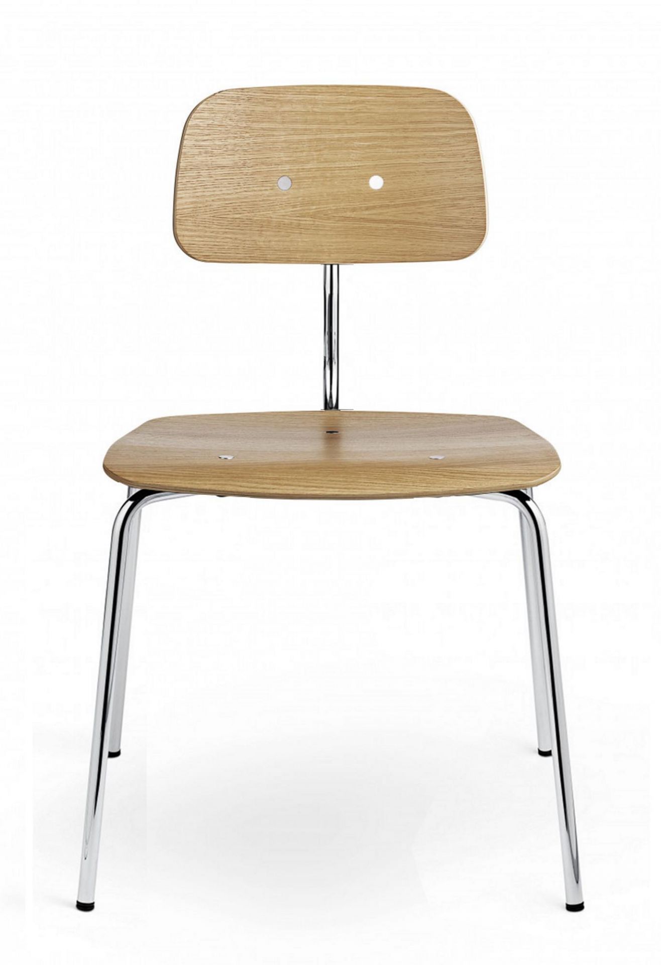 Kevi Stuhl mit Holzschale und Chromgestell, ein Designklassiker für Büro und Wohnraum.