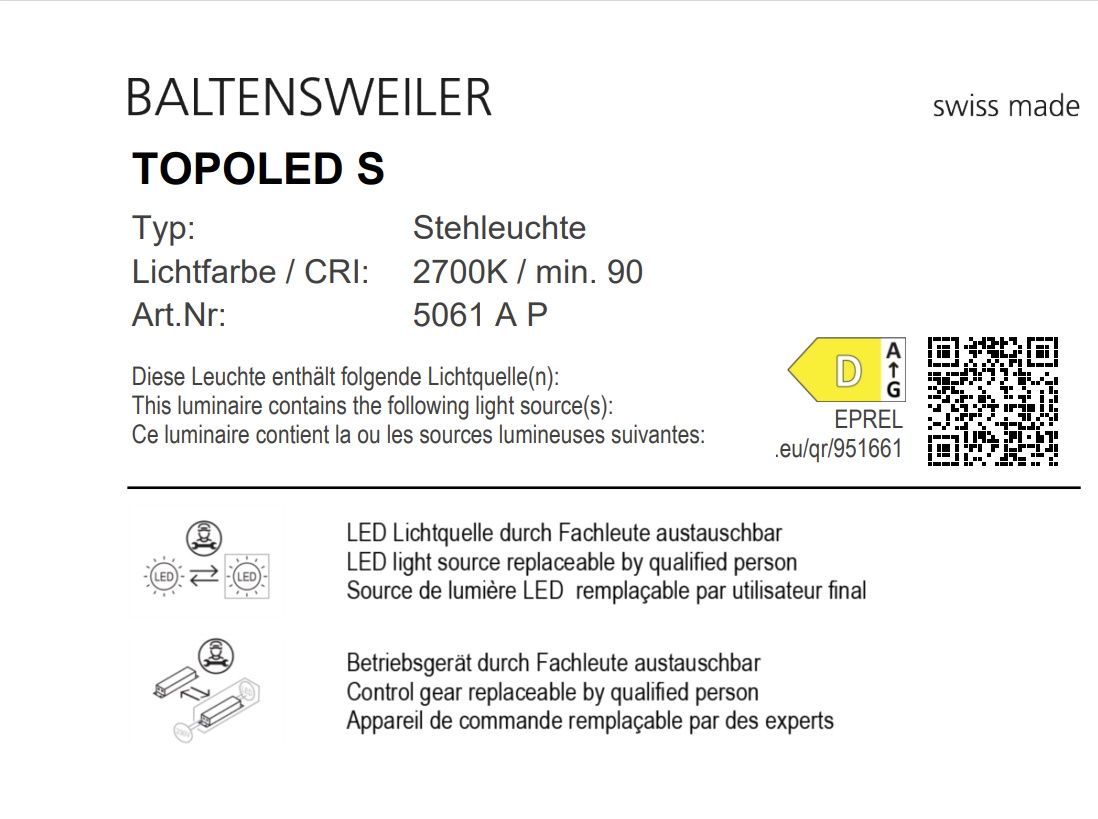 Detailansicht der Baltensweiler TOPOLED S Stehleuchte mit technischen Daten und Hinweisen zur Lichtquelle.