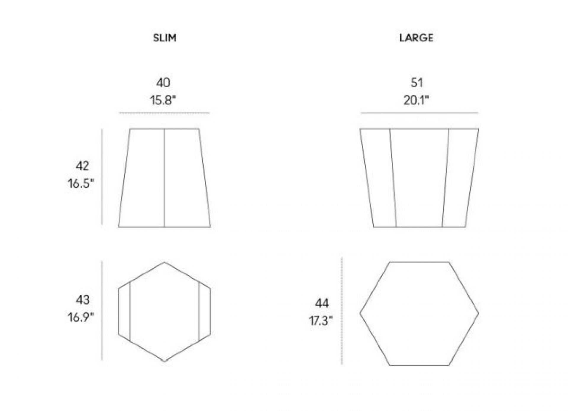 Skizze: Hexagon Hocker in zwei Größen, Slim und Large, mit Maßangaben.