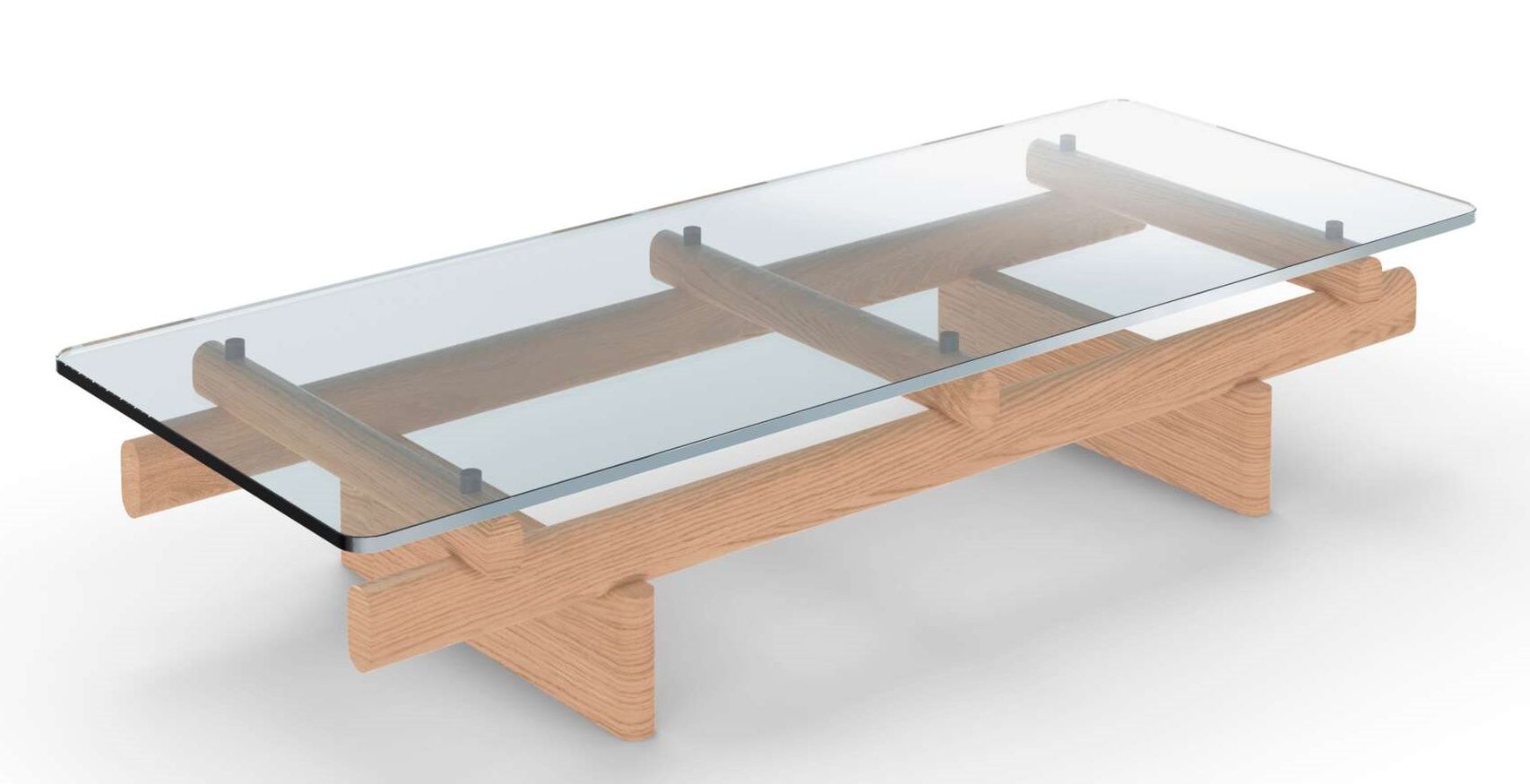 Couchtisch Sengu mit Glasplatte und Holzgestell, modernes Design für Wohnzimmer.