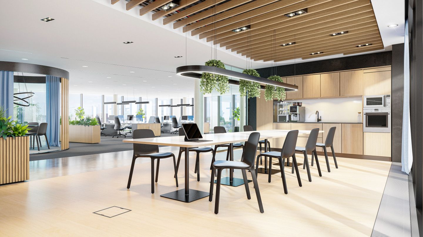 Moderner Interstuhl Monois Besucherstuhl in Schwarz an einem langen Tisch im Büro.