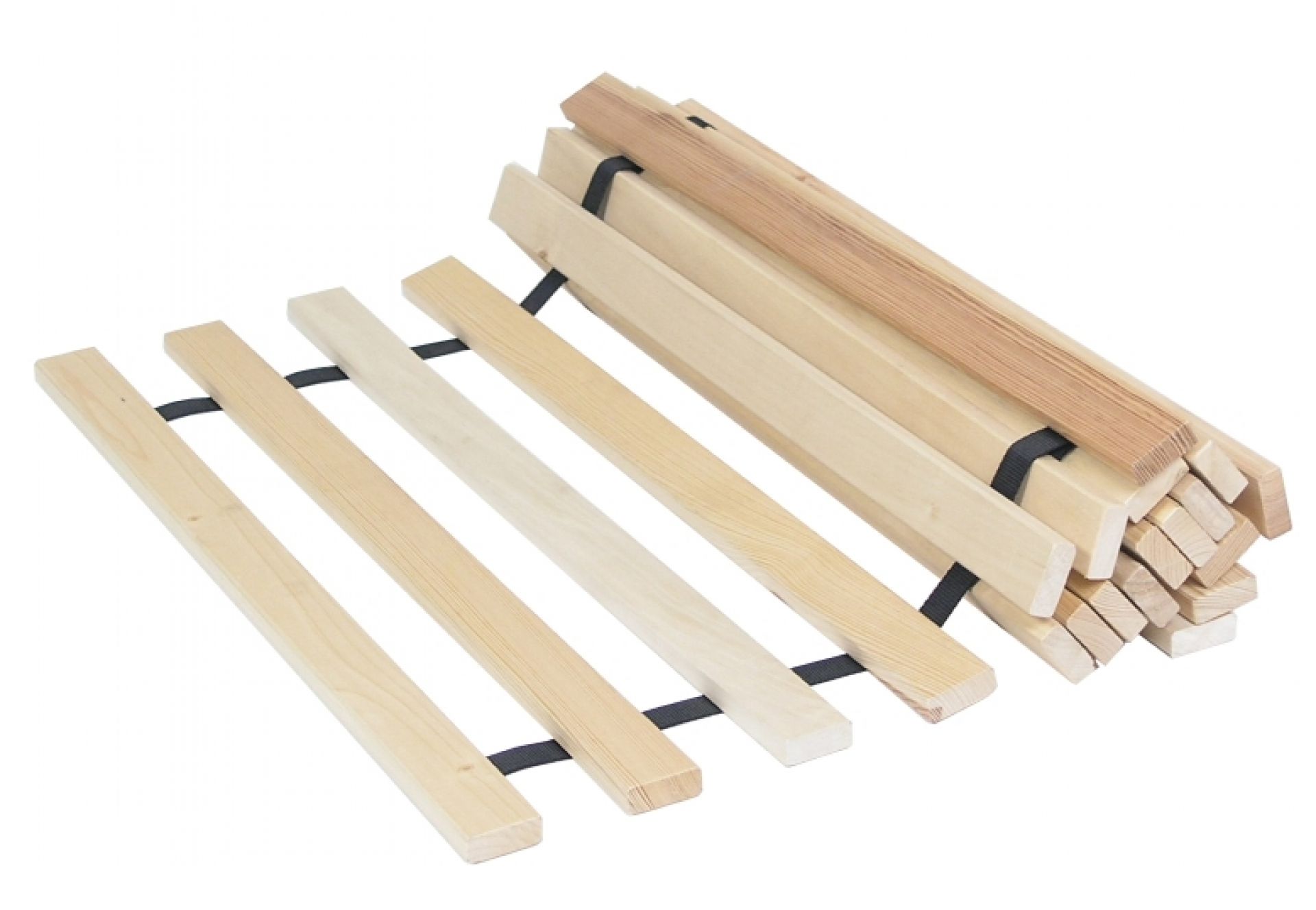 Nils Holger Moormann Roll-Lattenrost aus Massivholz, zusammengerollt mit schwarzen Bändern fixiert. Lattenrost für Betten.