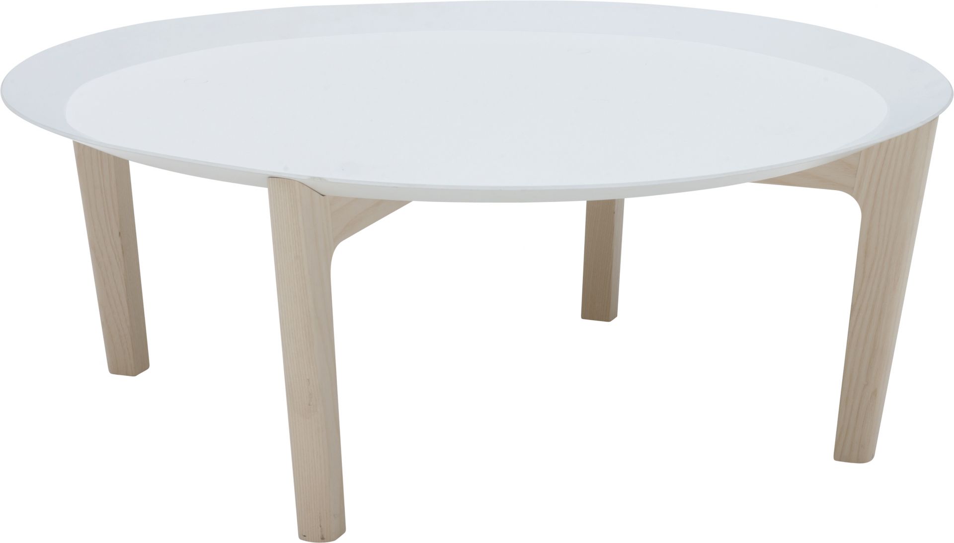 Weißer Tray Beistelltisch Softline mit runder Tischplatte und hellem Holzgestell, ideal als Couchtisch oder Nachttisch.