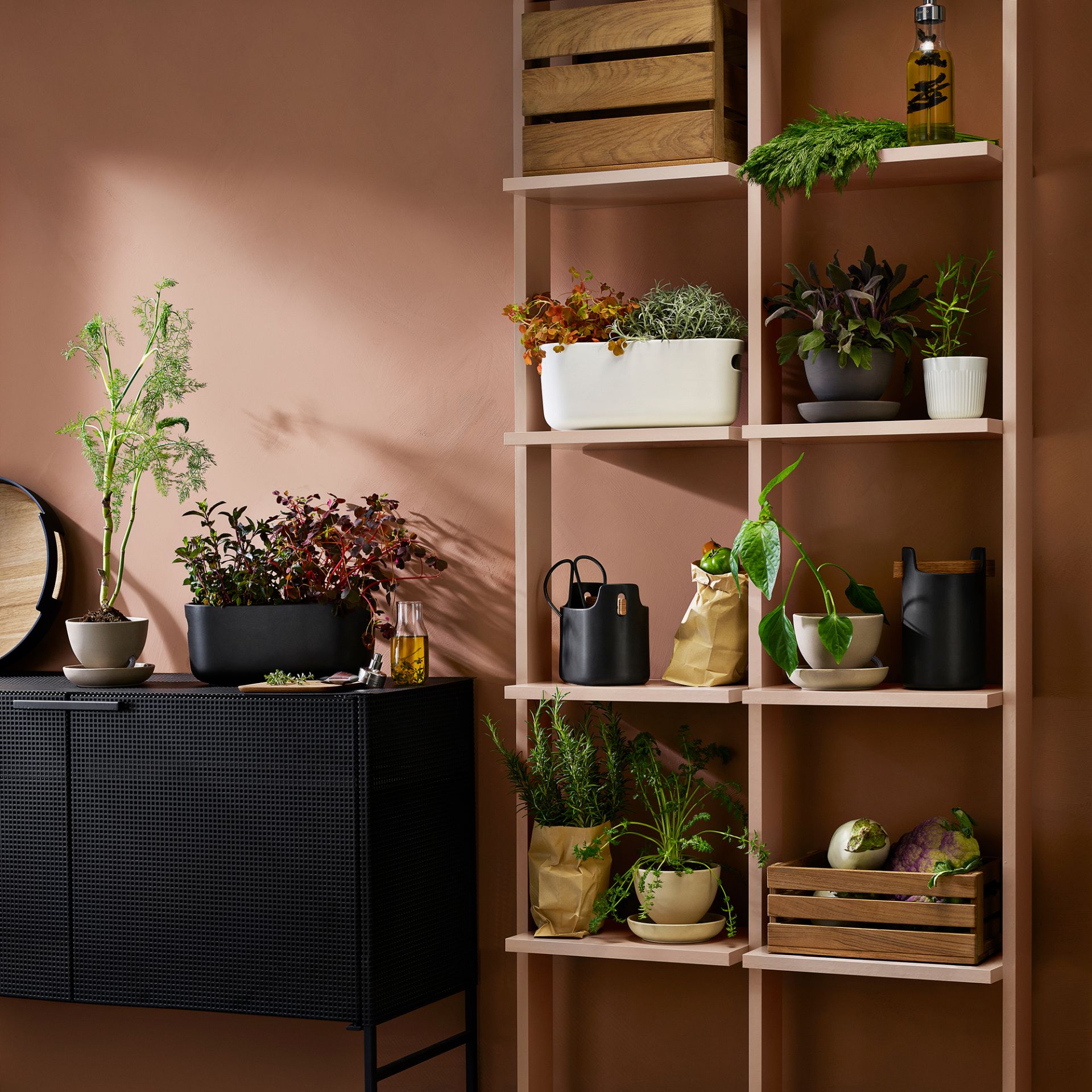 Eva Solo Kräutertopf: Selbstbewässernder Kräuter-Organiser mit frischen Kräutern auf einem Regal und Sideboard. Ideal für Küche und Balkon.