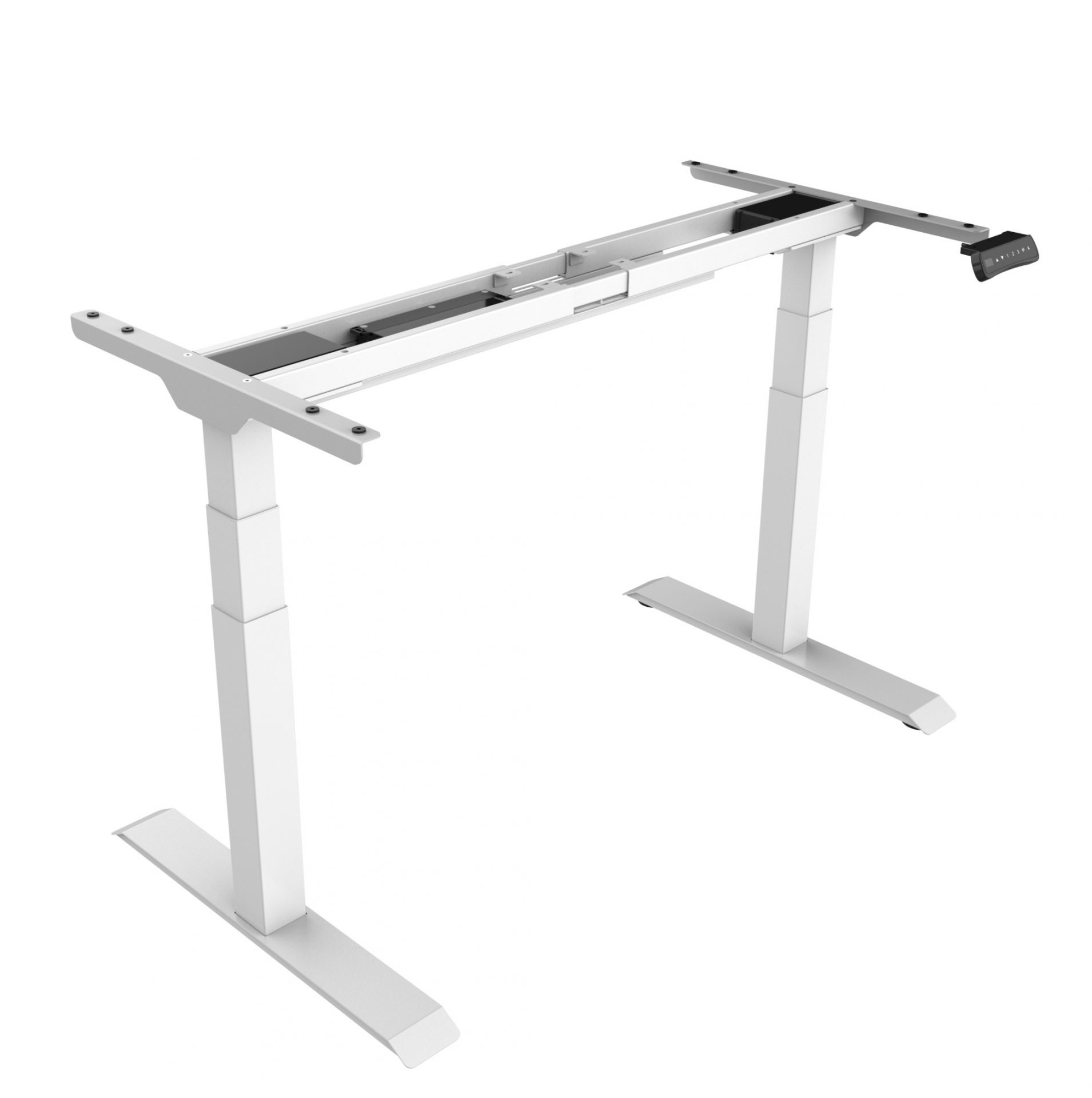 Weißes Hiplift Untergestell von büroforum, elektrisch höhenverstellbar, für ergonomische Bürotische.