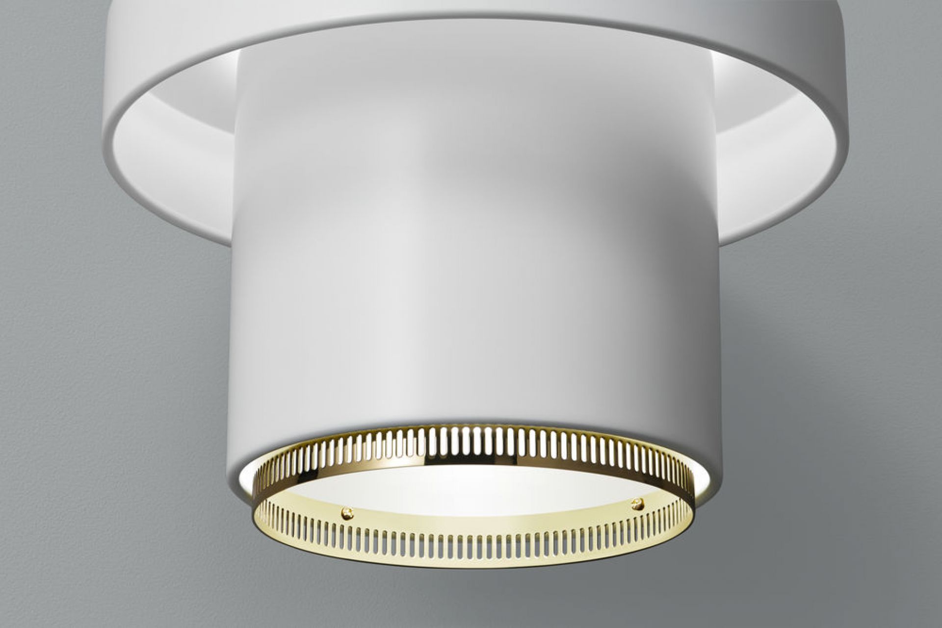 A201 Pendelleuchte von Artek in Weiß mit Messingdetails, moderne Hängelampe für Wohnräume.