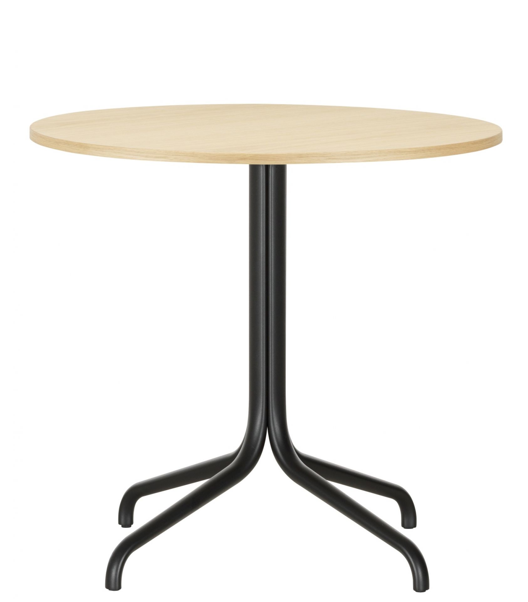 Runder Belleville Tisch von Vitra mit hellem Holz und schwarzem Metallgestell.